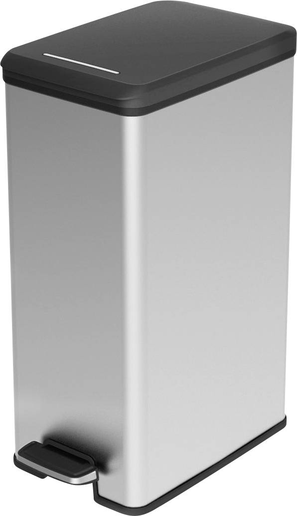 Edelstahltreteimer mit schwarzem Deckel und Fußpedal, isoliert auf weißem Hintergrund dargestellt.