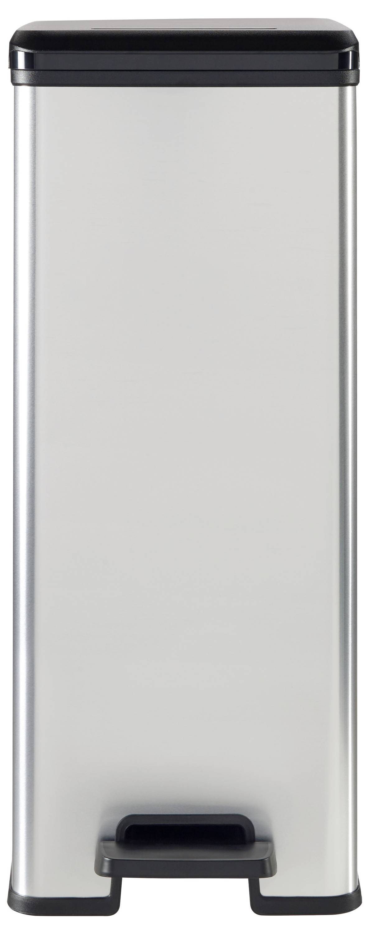 Edelstahl-Treteimer mit schwarzem Deckel und Fußpedal, Vorderansicht auf weißem Hintergrund.