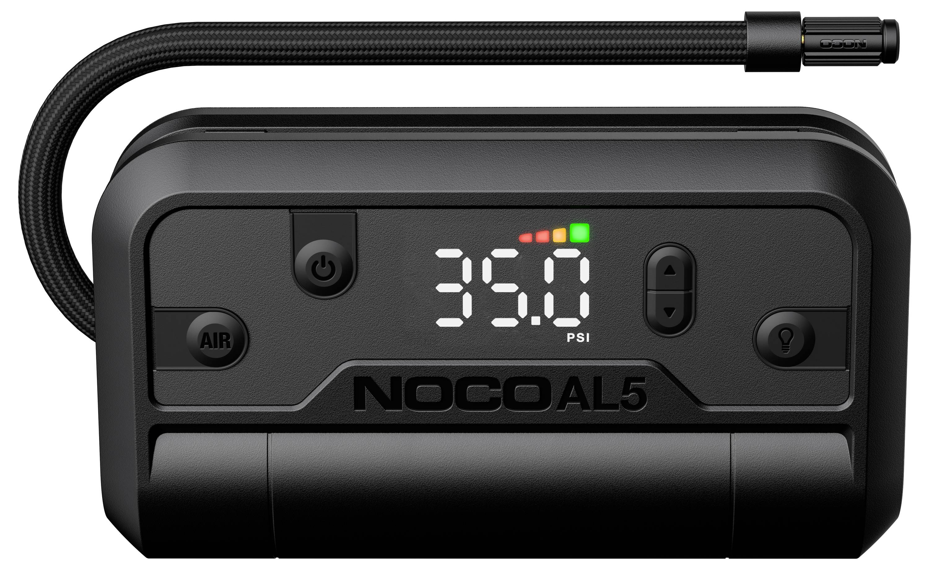 Tragbares NOCO Luftkompressor-Display mit 35,0 PSI mit Ein-/Ausschalter, Luft- und Licht-Taste sowie angeschlossenem Schlauch.