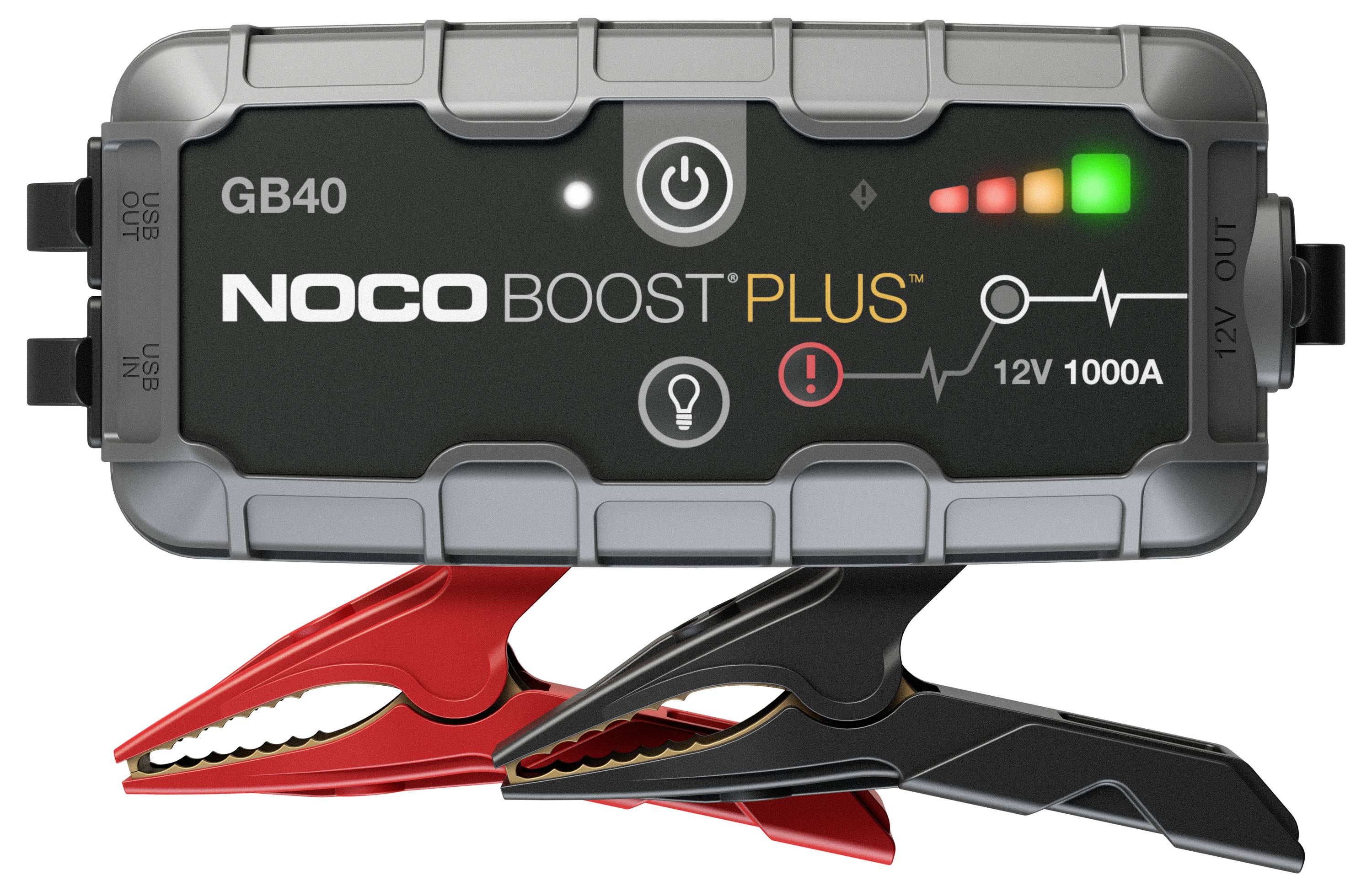 NOCO Boost Plus GB40 Starthilfegerät mit angebrachten roten und schwarzen Batterieklemmen, zeigt Stromanzeigelampen und 12V 1000A Beschriftung.