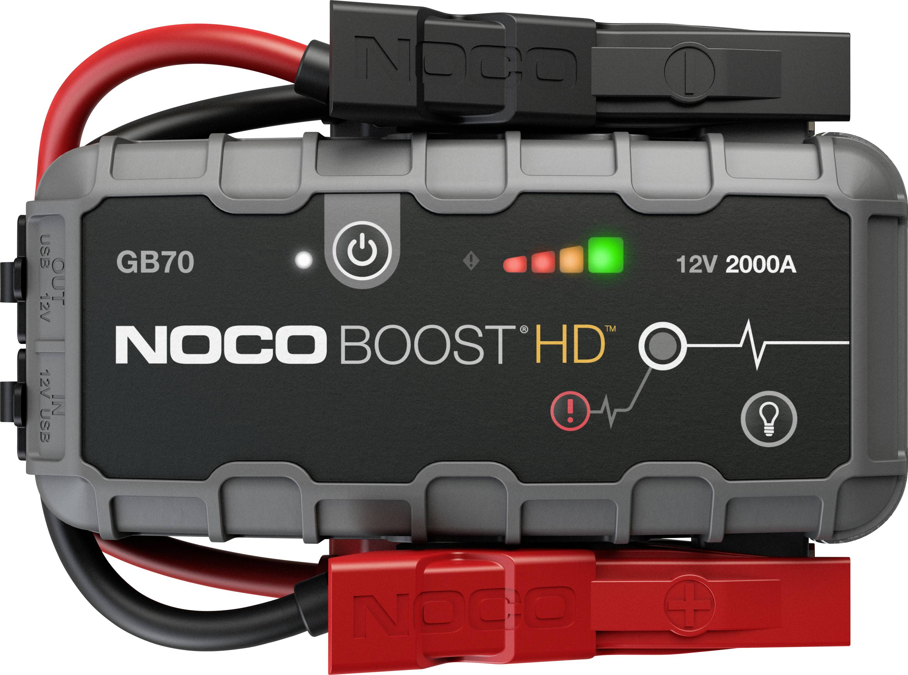 NOCO Boost HD GB70 tragbarer Starthilfegerät mit angebrachten roten und schwarzen Klemmen, Einschaltknopf, Batterieanzeige und 12V 2000A Beschriftung.