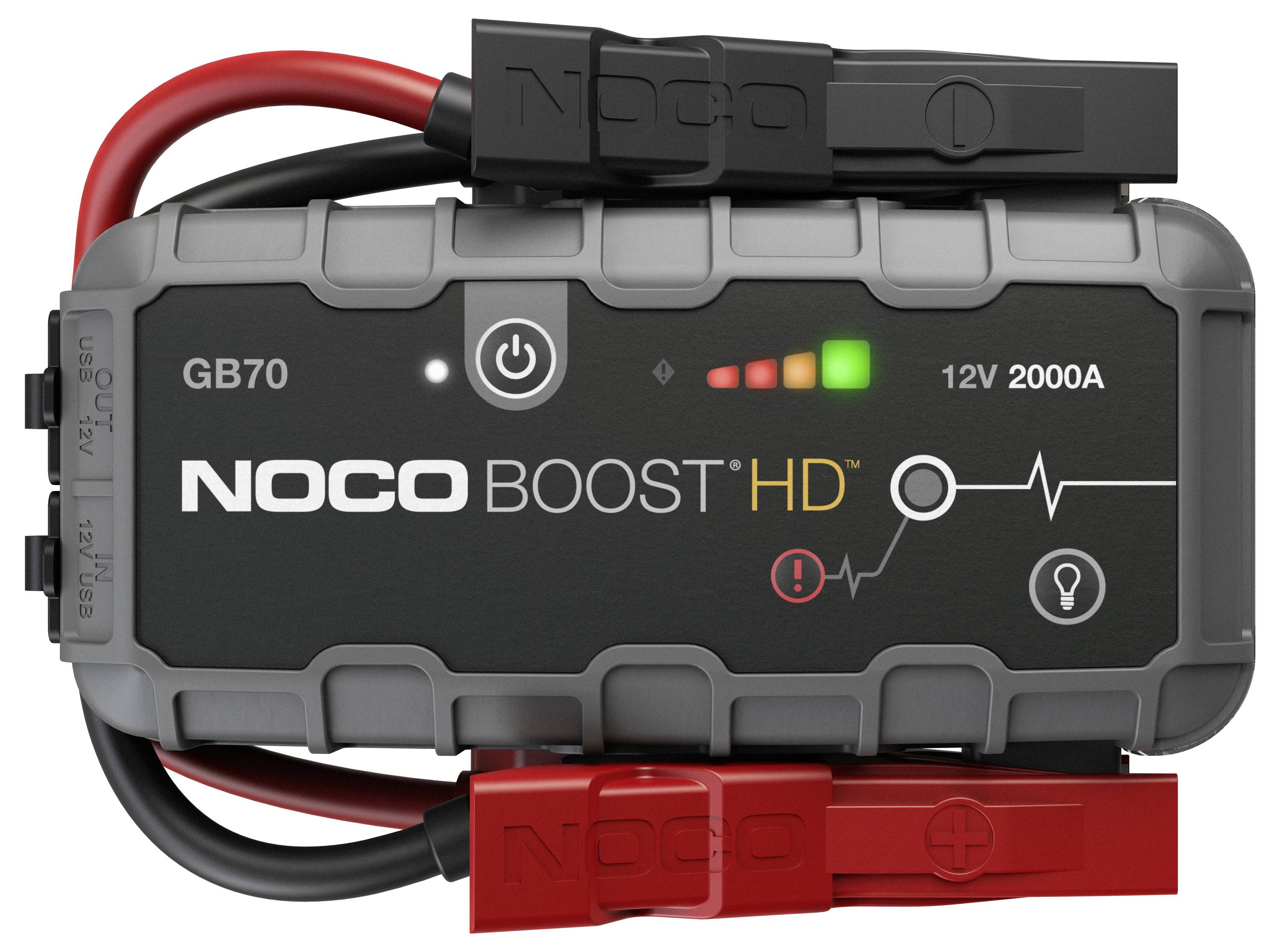 NOCO Boost HD GB70 tragbarer Starthilfegerät mit roten und schwarzen Klemmen, Stromschalter, Ladeanzeigen und 12V 2000A Kennzeichnung