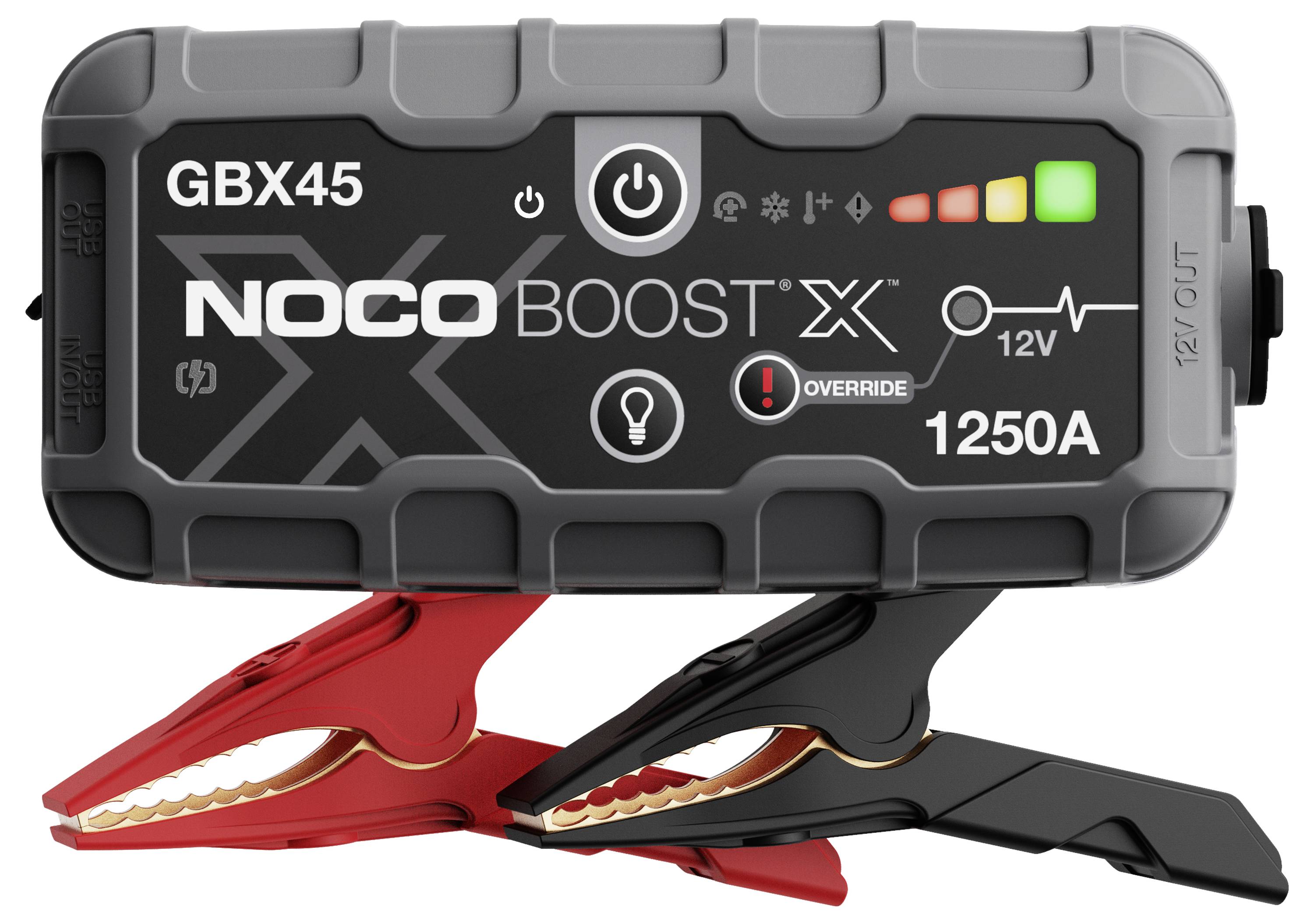 NOCO Boost X GBX45 12V 1250A tragbarer Starthilfegerät mit roten und schwarzen Batterieklemmen, die unterhalb des Geräts angebracht sind.