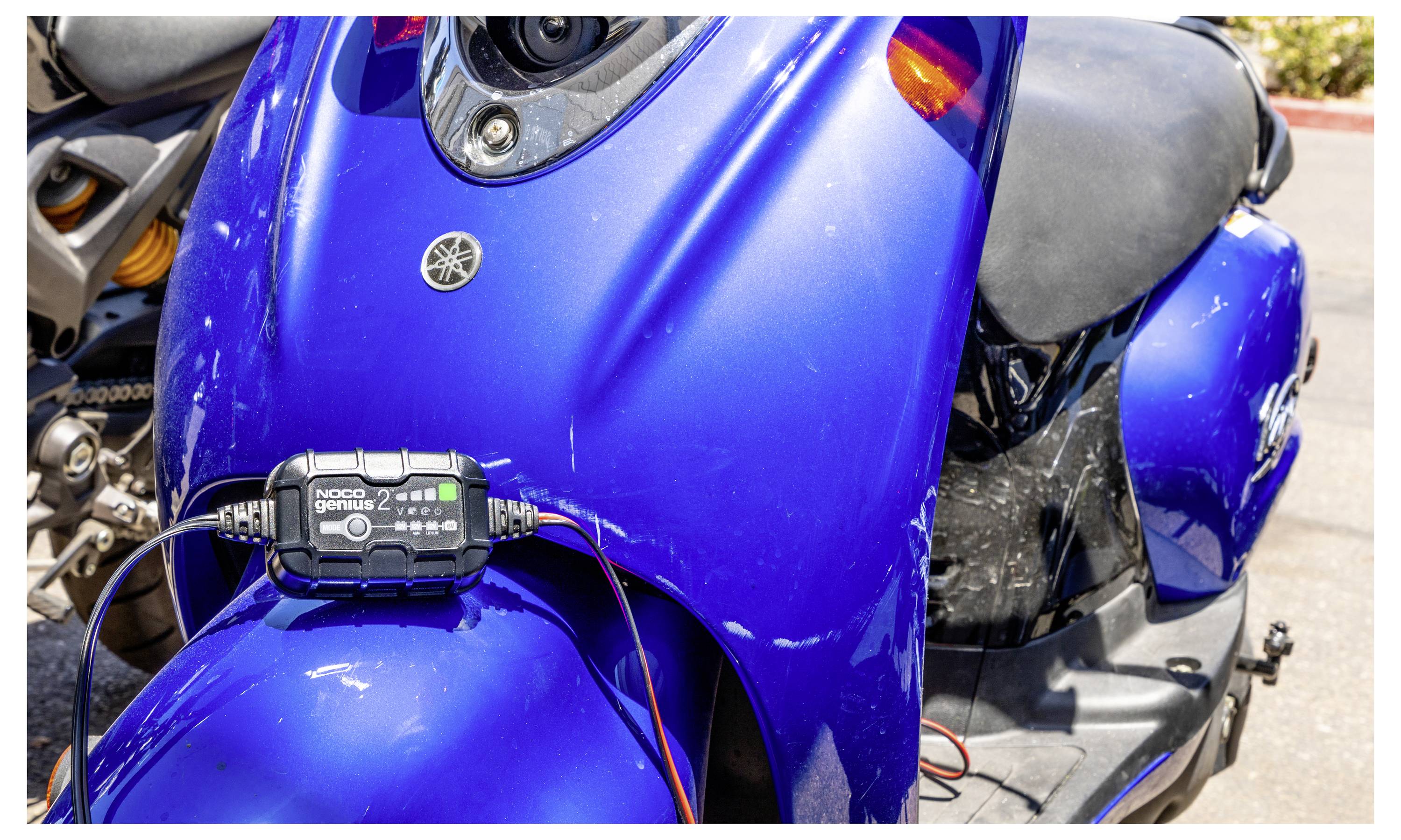 Nahaufnahme eines blauen Yamaha-Rollers mit einem digitalen Gerät an der Front montiert, das Kabel in der Nähe des Lenkers verbunden zeigt.