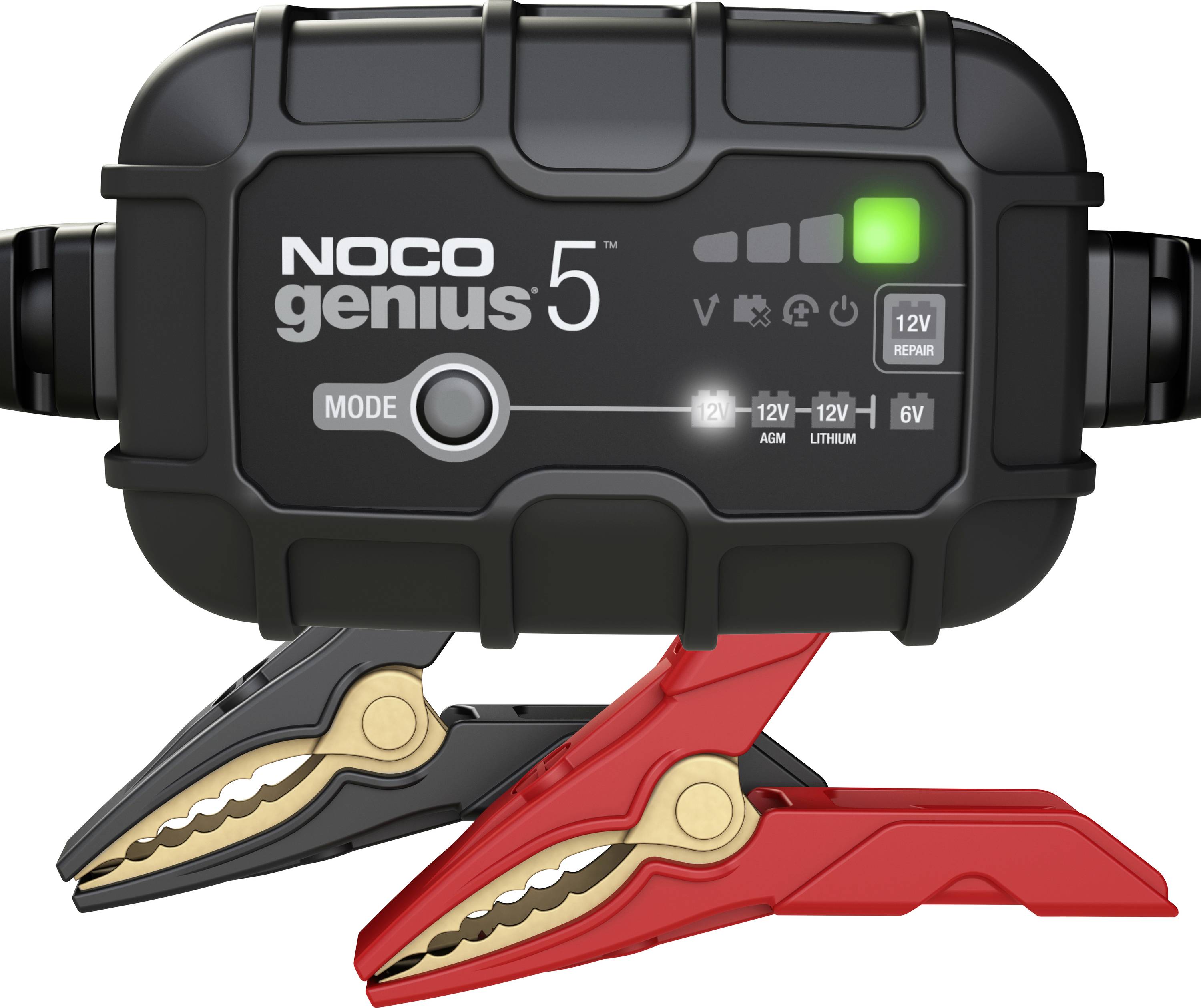 NOCO Genius 5 Batterieladegerät mit Klemmen, zeigt ein grünes Statuslicht und Modusanzeigen für 12V-Reparatur, AGM, Lithium- und 6V-Laden.