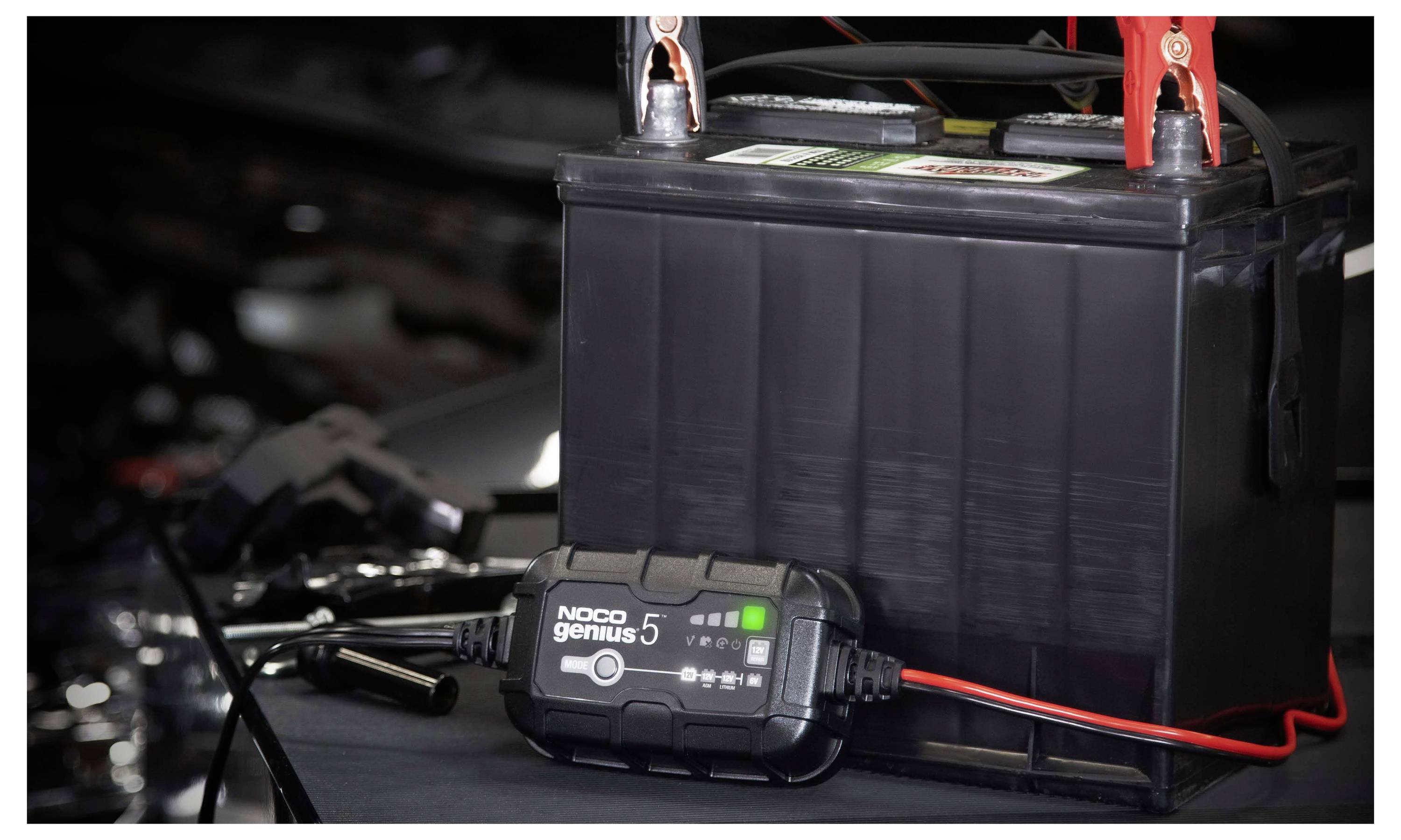 Autobatterie angeschlossen an ein Noco Genius 5 Ladegerät, mit roten und schwarzen Kabeln für Laden oder Wartung angebracht.