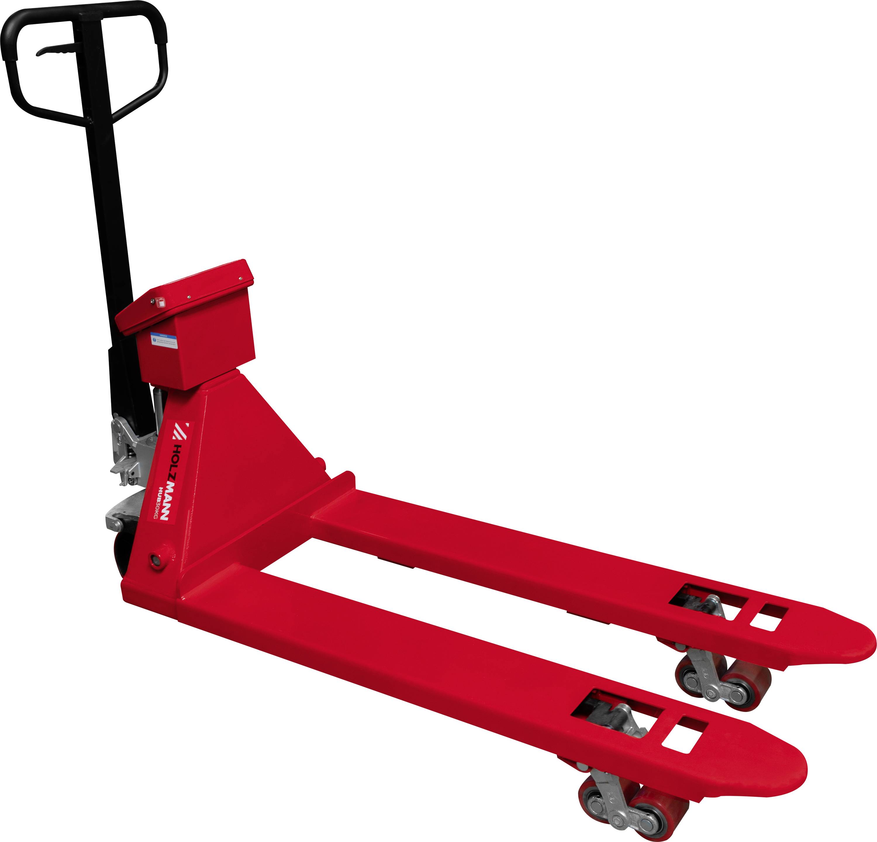 Rote manuelle Hubwagen mit schwarzem Griff, verwendet zum Heben und Bewegen von Paletten.