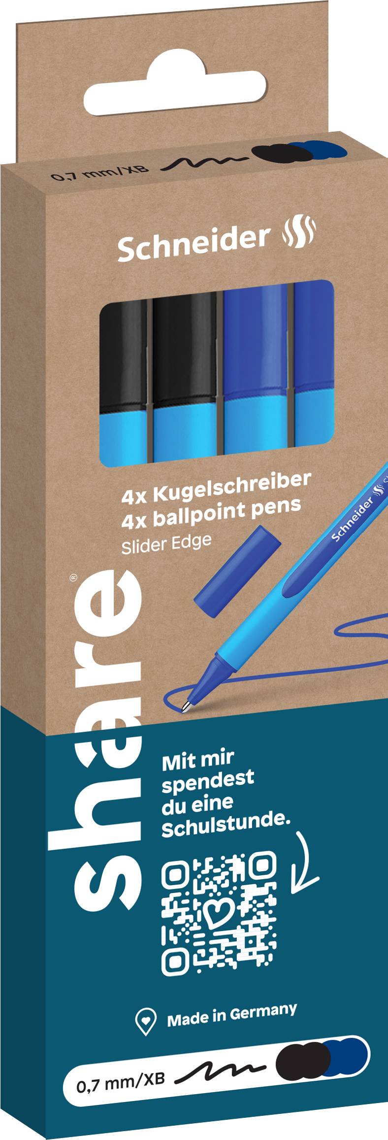 Schneider Kugelschreiber-Verpackung mit 4 blauen Stiften, 0,7 mm Spitze, QR-Code und 