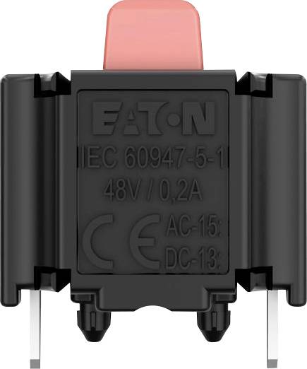 Schwarzes Elektroschaltermodul mit rotem Betätigungselement und Metallklemmen, gekennzeichnet mit Eaton IEC 60947-5-1 48V 0,2A.
