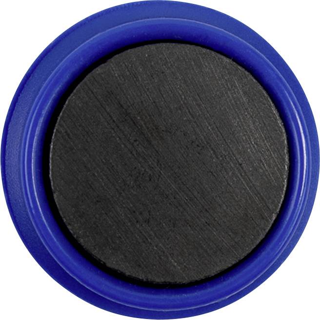 Kleiner schwarzer runder Knopf mit blauem Rand auf einer weißen Oberfläche.