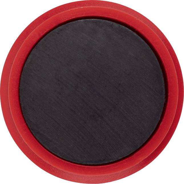Roter kreisförmiger Knopf oder Puck mit schwarzer Mitte auf einfachem hellem Hintergrund.