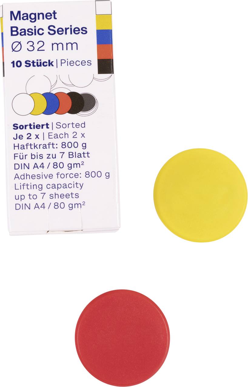Packung der Magnetgrundlagen-Serie 32 mm mit zwei losen runden Magneten, einer gelben und einer roten, auf weißem Hintergrund.