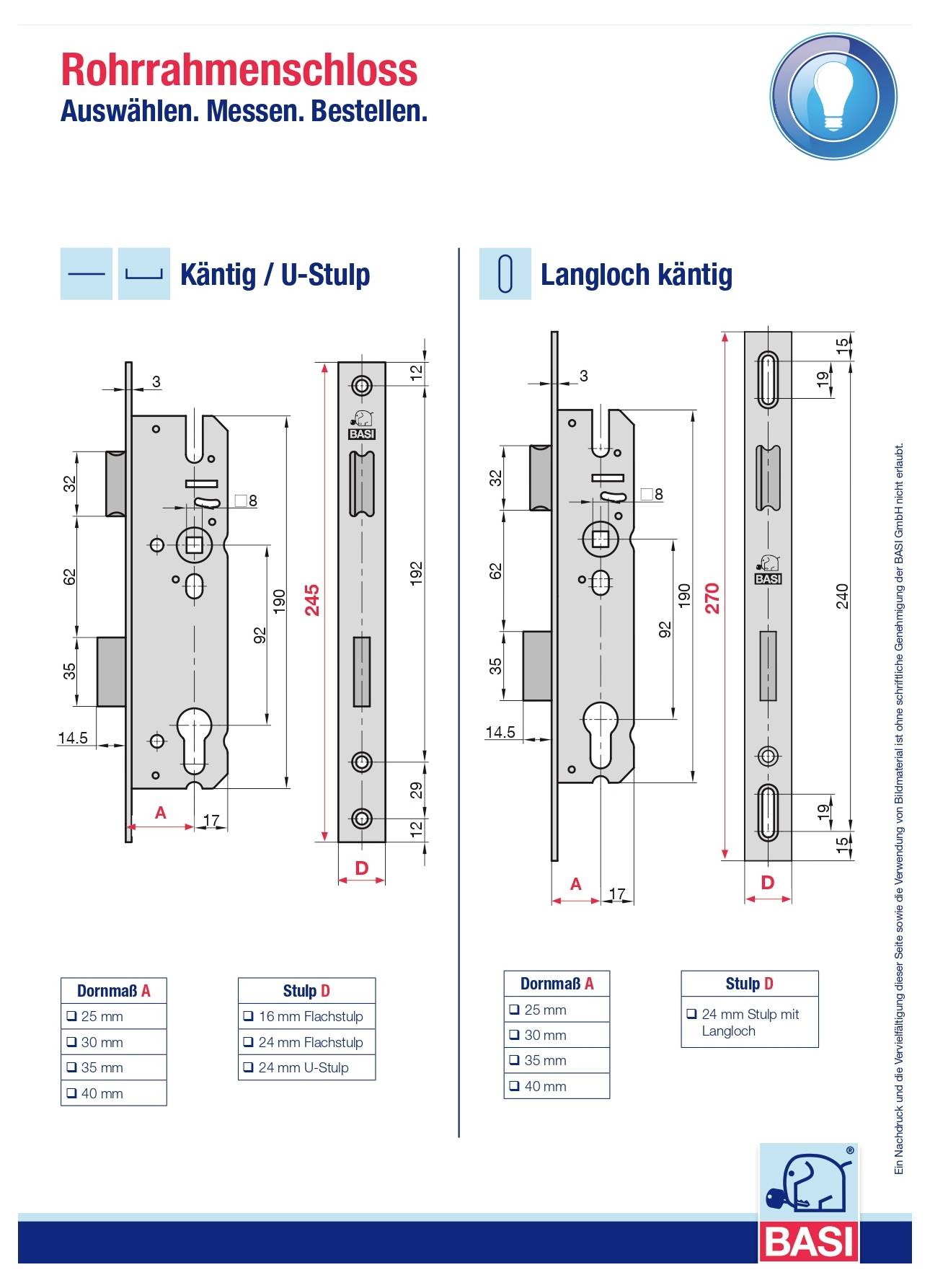 Technische Zeichnung eines Rohrrahmenschlosses mit zwei Varianten: Känig/U-Stulp und Langloch kändig, inklusive Maßangaben, Bohrungen und Dornmaß-/Stulp-Optionen.