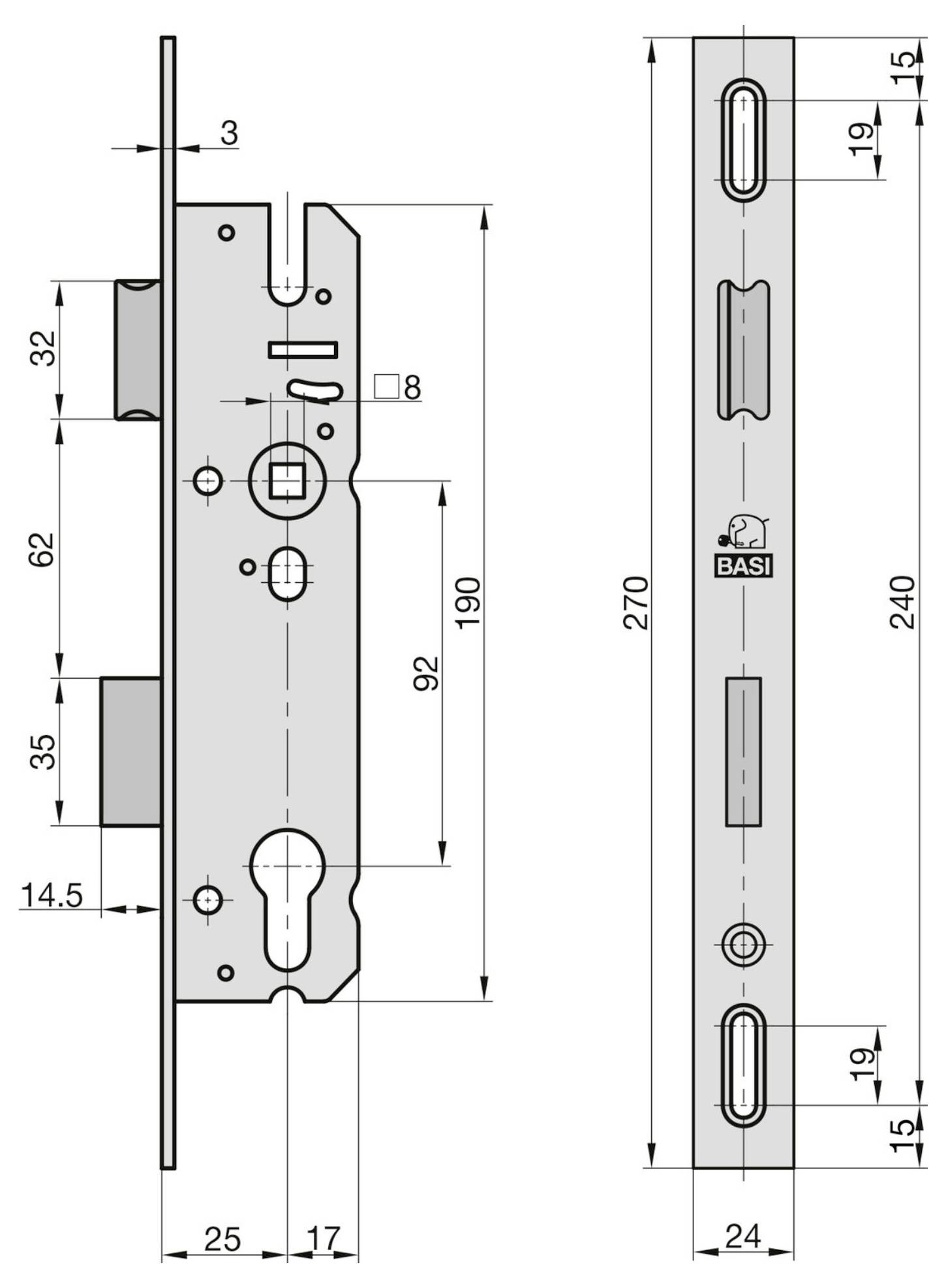 Technische Zeichnung eines schmalen Einsteckschlossgehäuses und einer Blende, dargestellt in Vorder- und Seitenansicht mit detaillierten Abmessungen und Befestigungslöchern.