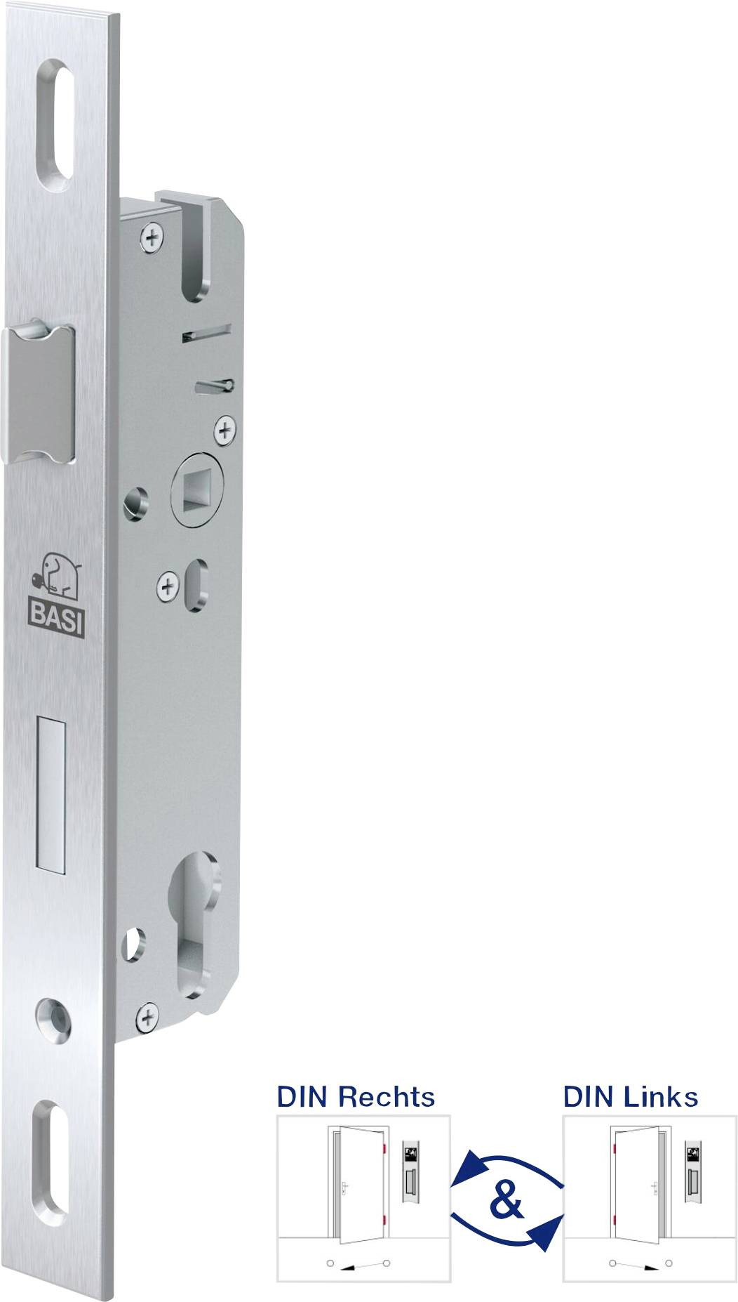 Produktbild eines schmalenmetallenen Türschloss-Riegelschlosses, gezeigt mit einem DIN-Diagramm zur Installation für rechts-/Linkshandinstallation.