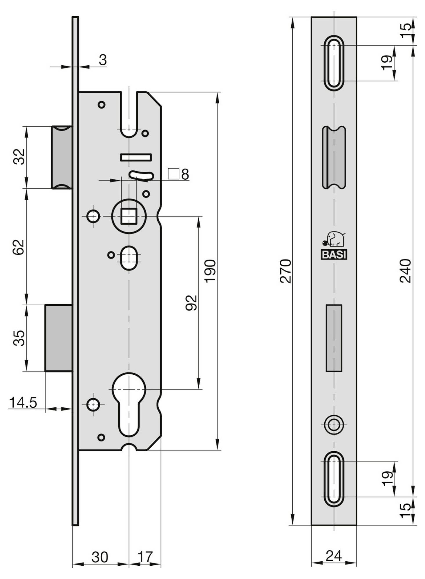Technische Zeichnung eines Türschloss-Mechanismus und einer Blende mit Abmessungsangaben in Millimetern, einschließlich 'BASI'-Branding.