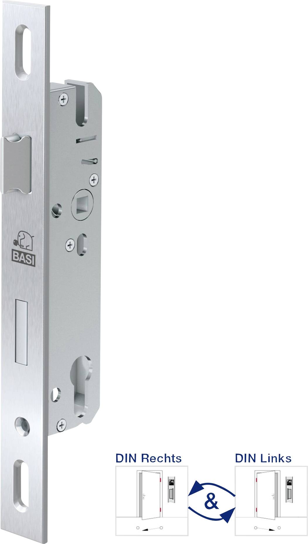 Edelstahlrahmen für Türschlösser mit verstellbarem Riegel, gezeigt für beide DIN-rechts- und DIN-links-Montage.