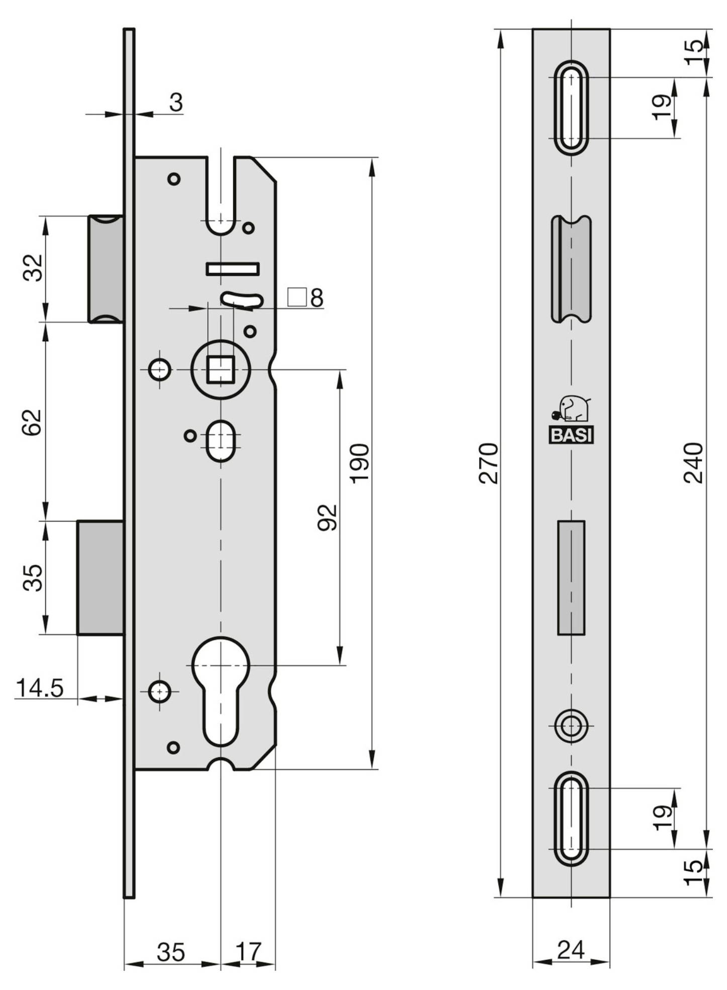 Technische Zeichnung einer Metallschloßplatte und eines Schlagblechs, zeigt Vorder- und Seitenansichten mit beschrifteten Abmessungen in Millimetern.