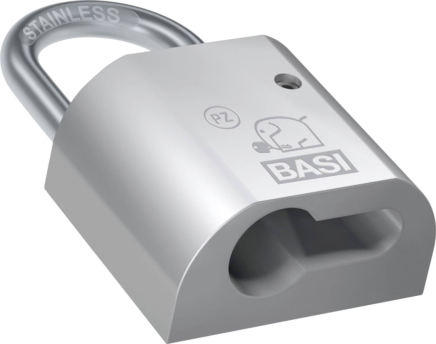 Silbernes Edelstahlvorhängeschloss mit BASI-Logo und Schlüsselloch, dargestellt auf weißem Hintergrund.