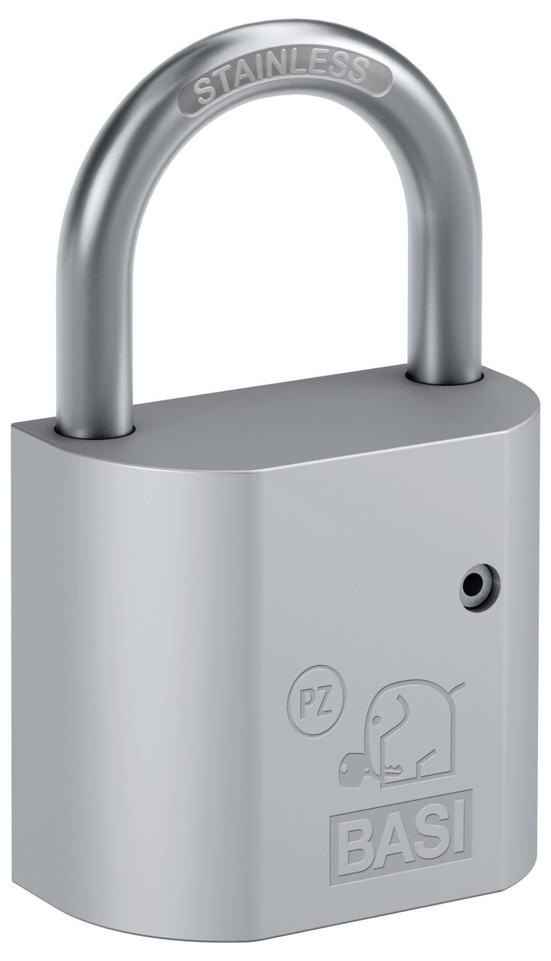 Silbernes Edelstahlvorhängeschloss mit gerundeter Bügel und „BASI