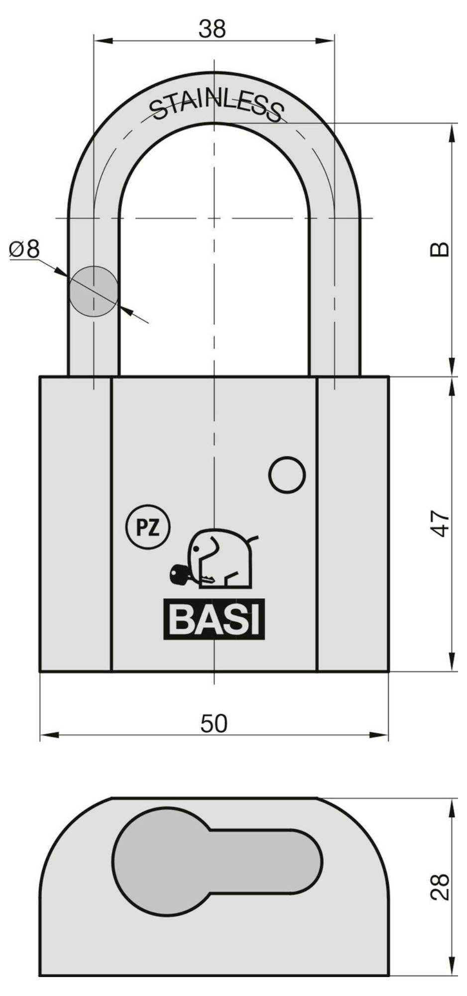 Technische Zeichnung eines BASI Edelstahl-Vorhängeschlosses mit Vorder- und Draufsicht mit Abmessungen 50 x 47 x 28 mm und 38 mm Bügelbrett.