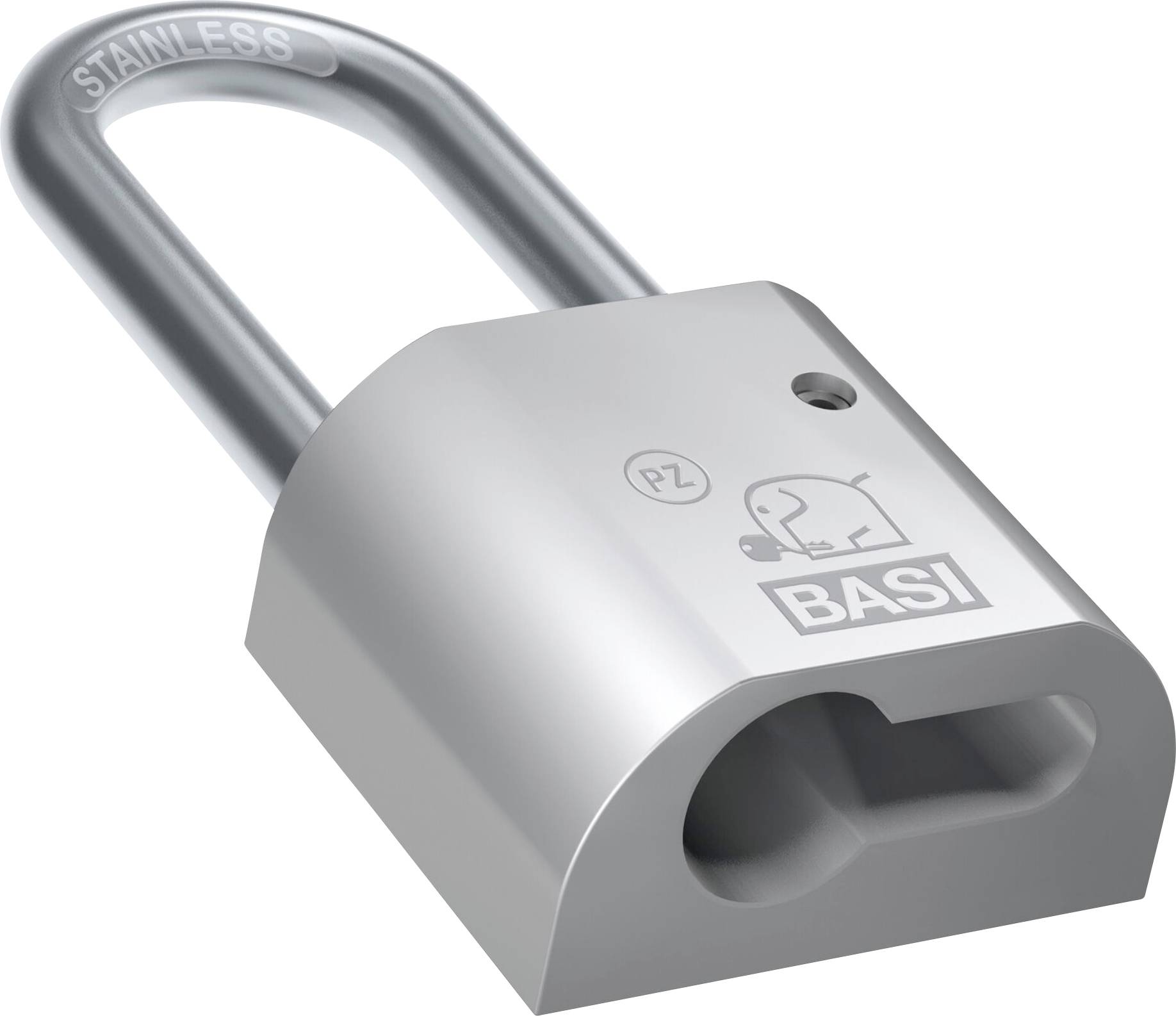 Edelstahlvorhängeschloss mit verkleideter Körperform und langem Bügel, Marke BASI, auf weißem Hintergrund dargestellt.