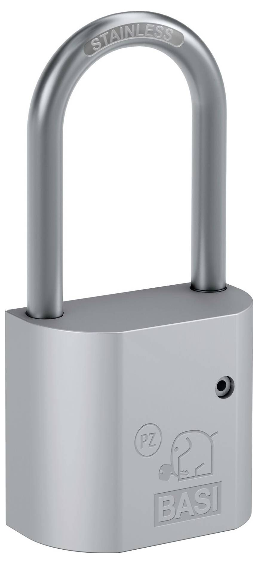 Silbernes Edelstahlvorhängeschloss mit U-förmigem Bügel und BASI-Logo auf dem Gehäuse