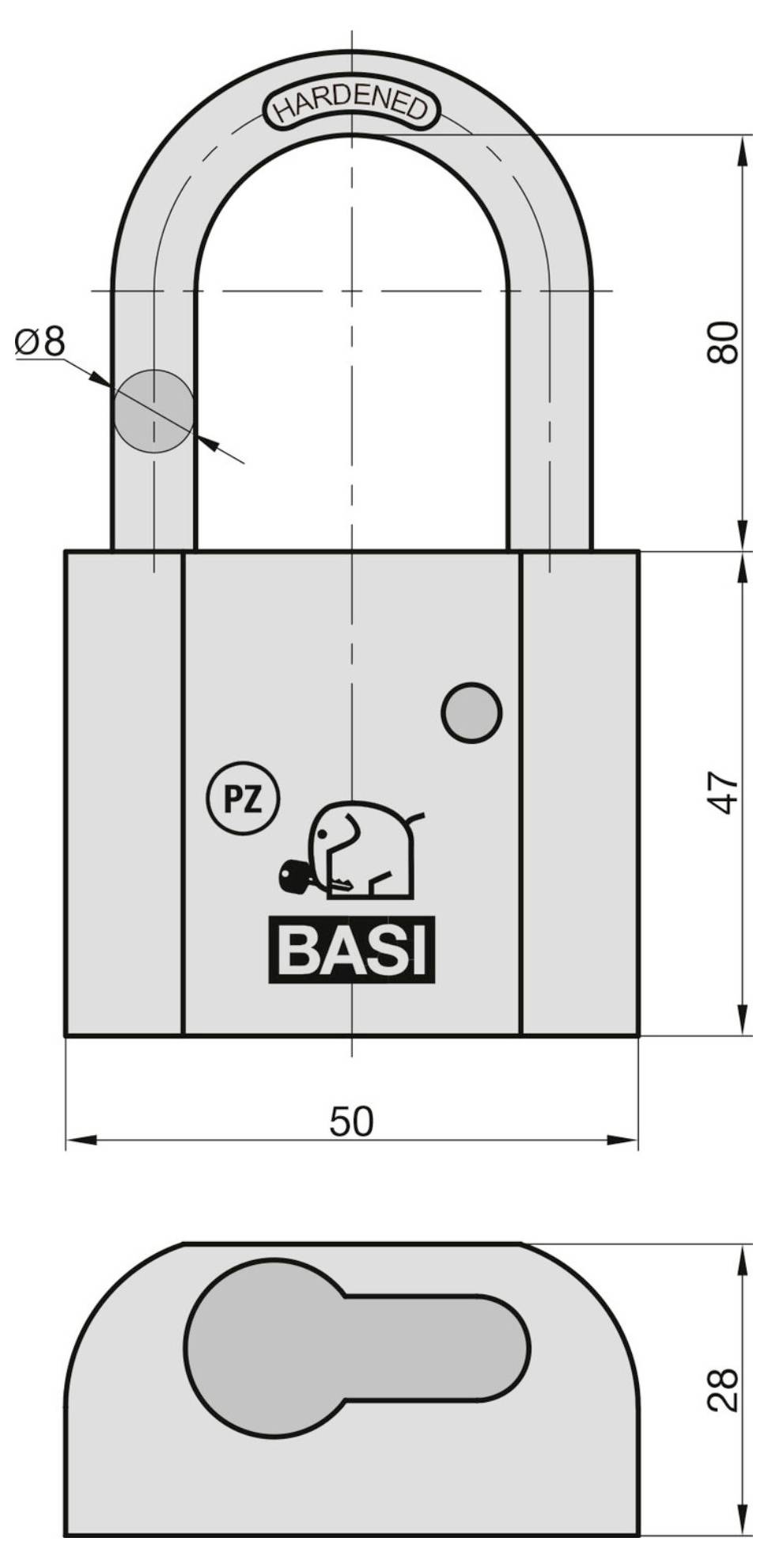 Technische Zeichnung eines BASI-Vorhängeschlosses mit gewölbtem gehärtetem Bügel, Vorderansicht und Draufsicht, mit gekennzeichneten Abmessungen 50, 80, 47, 28 und Ø8.