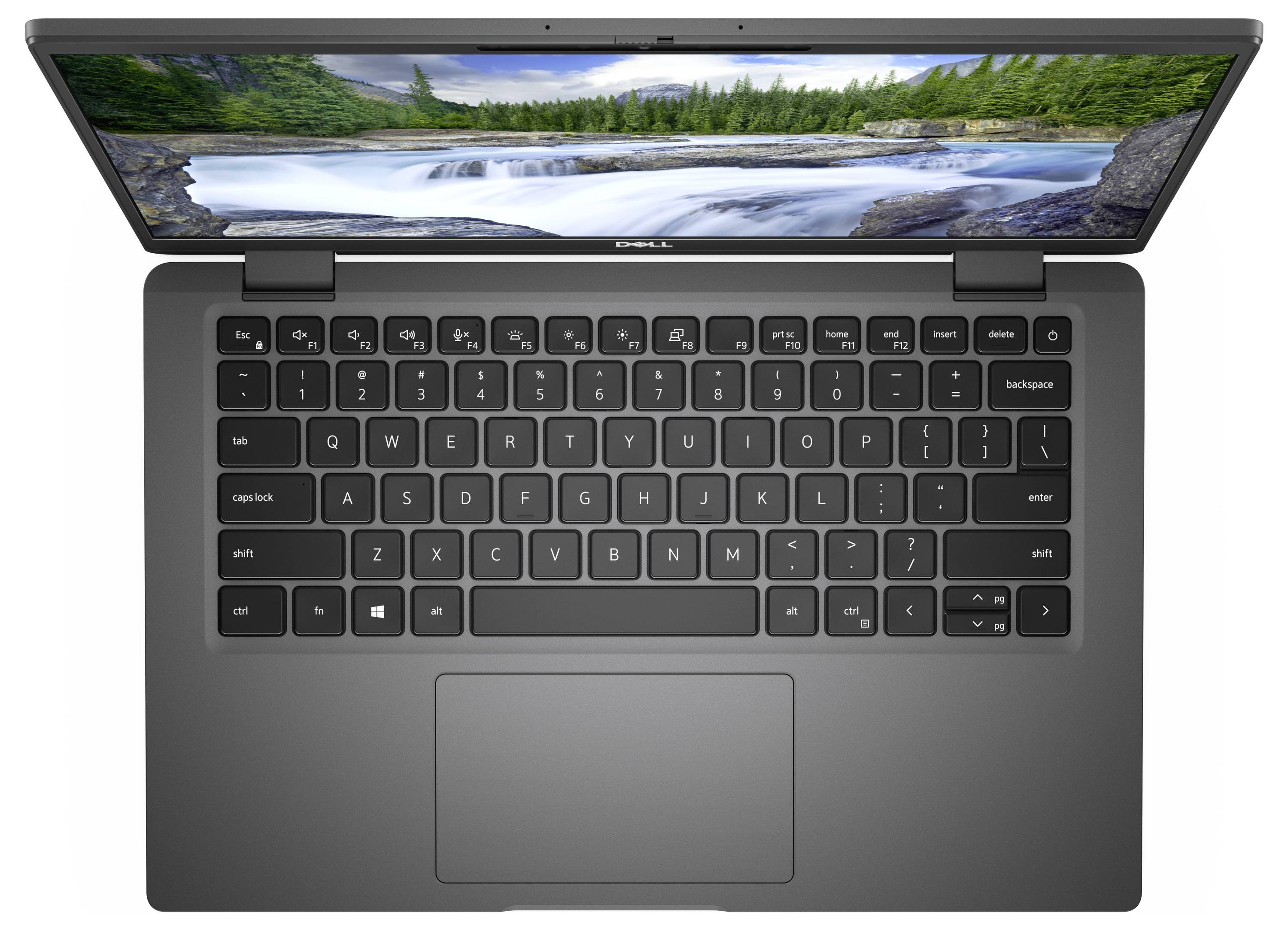 Draufsicht auf einen Dell-Laptop mit geöffnetem Bildschirm, der eine Wasserfalllandschaft zeigt, und einer schwarzen Tastatur mit großem Touchpad.