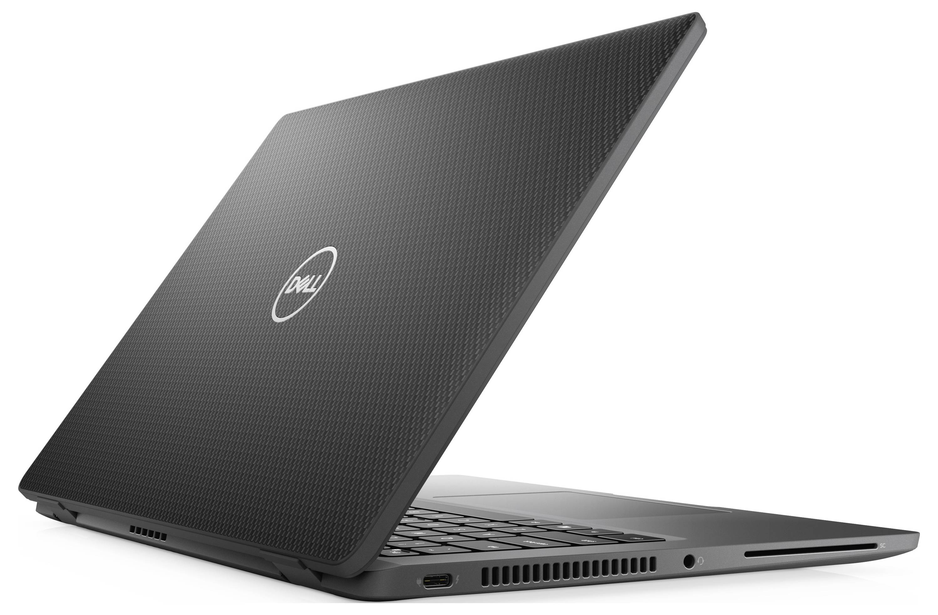 Geschlossener schwarzer Dell-Laptop in schrägem Winkel auf weißem Hintergrund dargestellt.