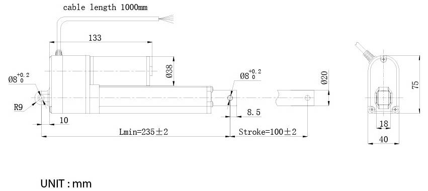 Technische Maßzeichnung eines Linearaktors in mm, zeigt Kabellänge 1000 mm, Gehäuse- und Montagemaße, Hub 100±2 und Gesamtmindestlänge 235±2.