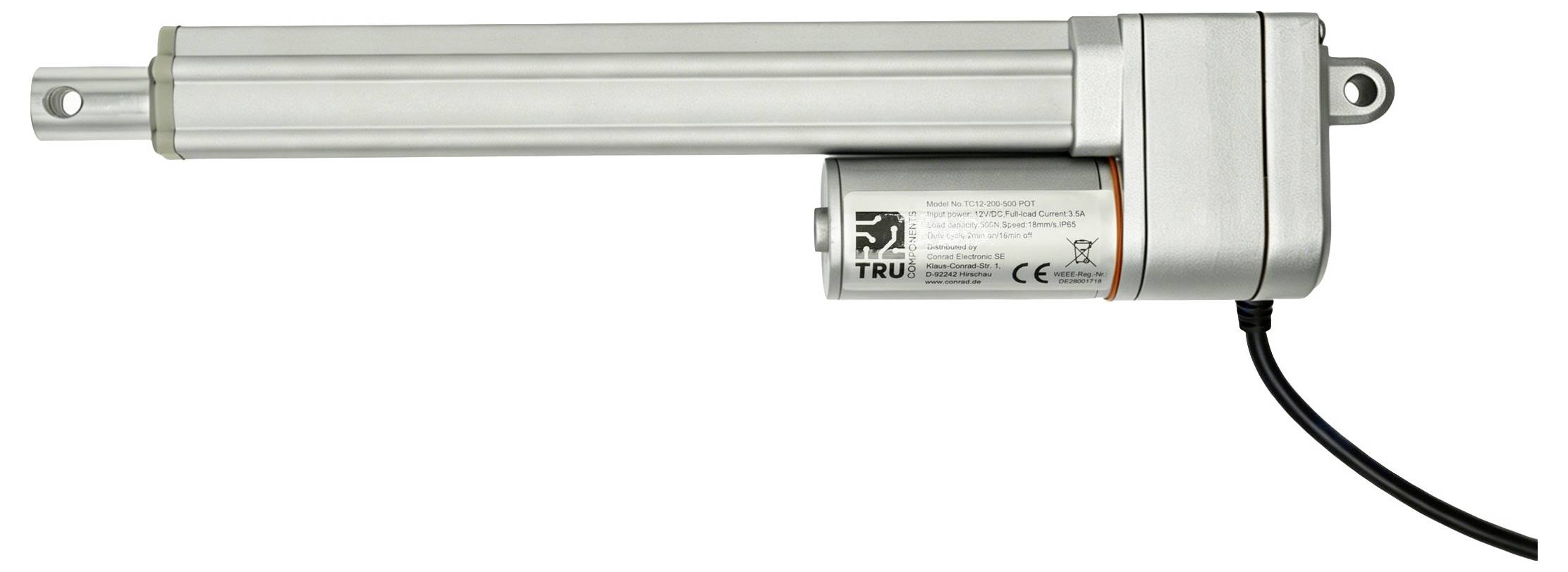 Elektrischer Linearantrieb mit einem langen silbernen Stab, Befestigungsösen an beiden Enden und einem schwarzen Stromkabel, das am Motorgehäuse angebracht ist.