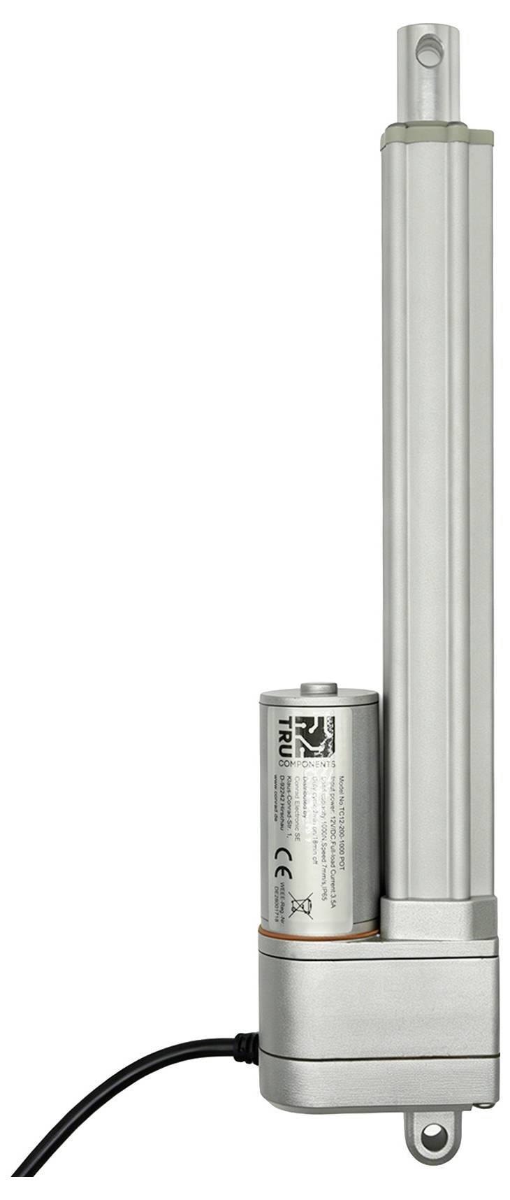 Ein silberner linearer Aktuator mit einem zylindrischen Motor und Befestigungskonsolen, aufrecht abgebildet mit einem schwarzen Stromkabel angeschlossen.