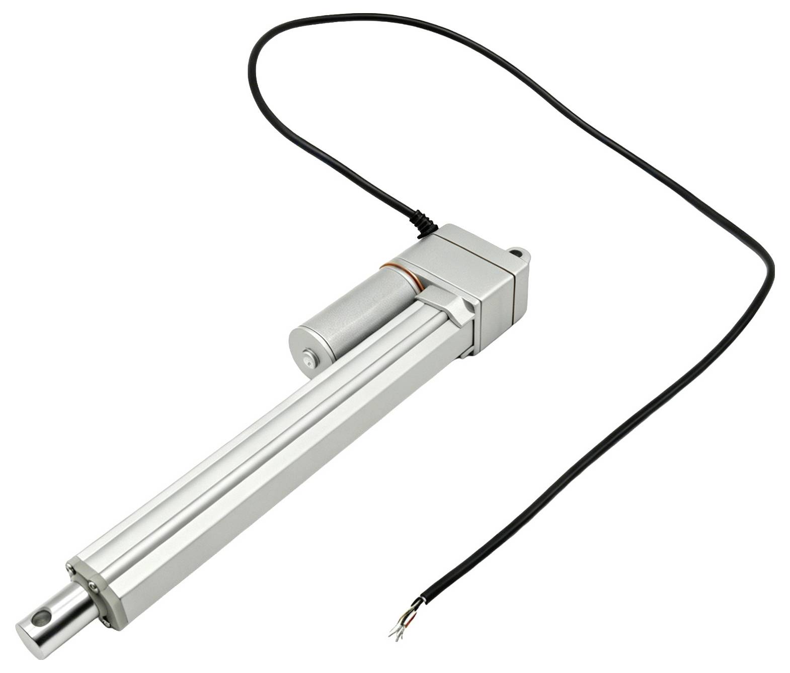 Elektrischer Linearantrieb mit langem Aluminium-Gehäuse, angeschlossenem schwarzem Stromkabel und verlängerter Welle auf weißem Hintergrund.