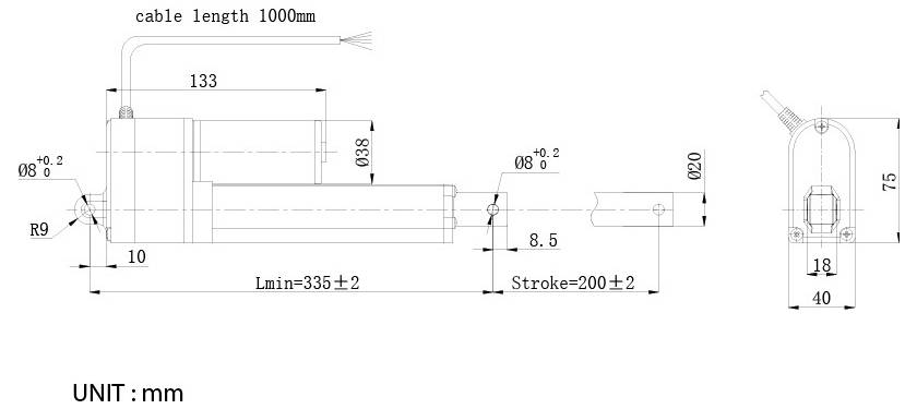 Technische Maßzeichnung eines linearen Stellantriebs mit Kabellänge 1000 mm, zeigt Seiten- und Endansicht, Hauptabmessungen, Hub 200±2 mm und Einheiten in Millimetern.