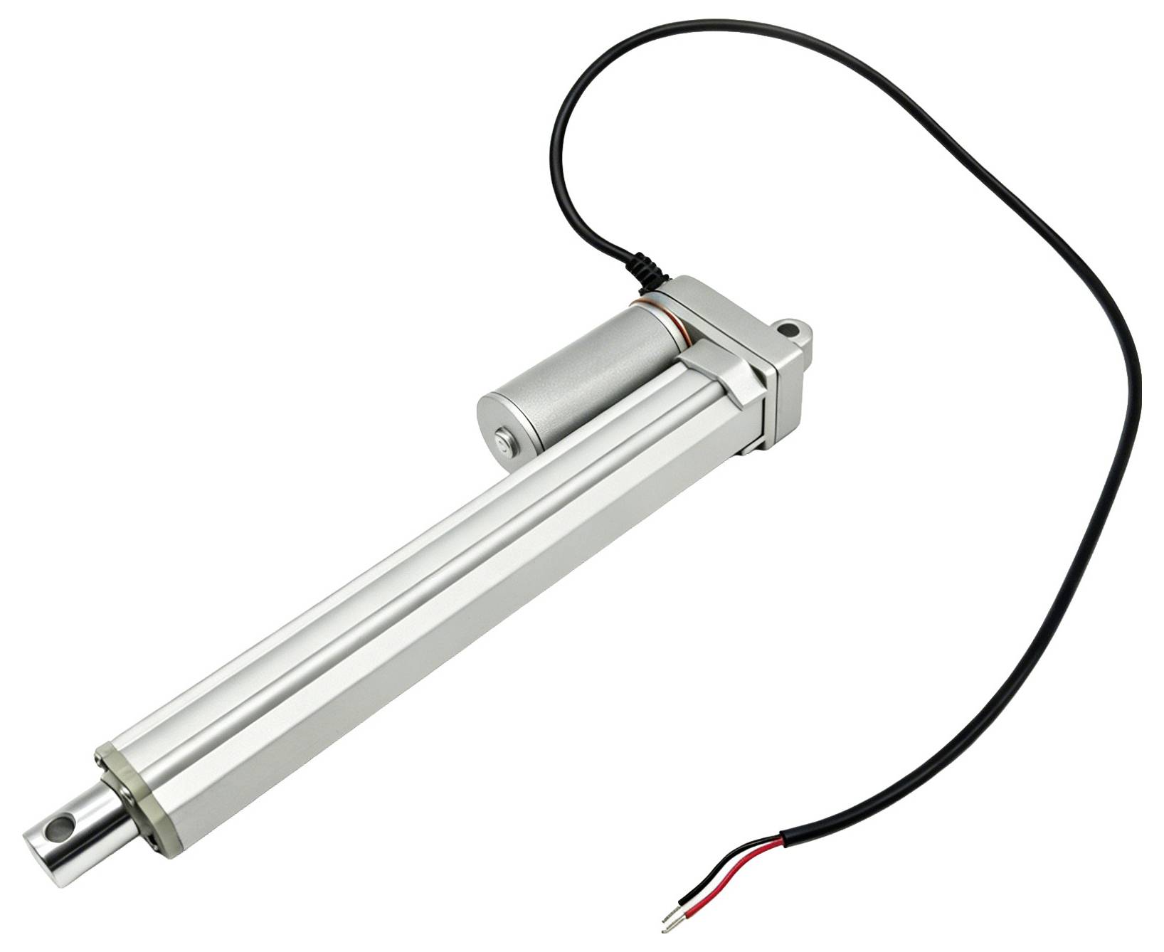 Linearer elektrischer Aktuator mit verlängerter silberner Kolbenstange und angebrachtem schwarzem Stromkabel mit freiliegenden roten und schwarzen Leitern.