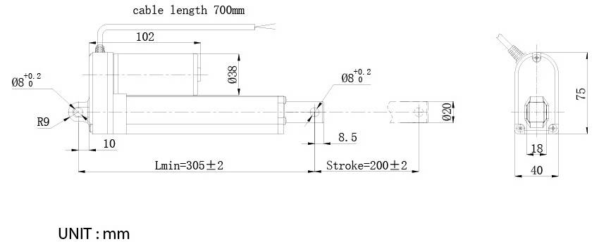 Technische Zeichnung eines Linearantriebs in Millimetern, die eine Kabellänge von 700 mm, eine Gesamtlänge von 305±2, einen Hub von 200±2 und wichtige Abmessungen der Seiten- und Endansichten zeigt.