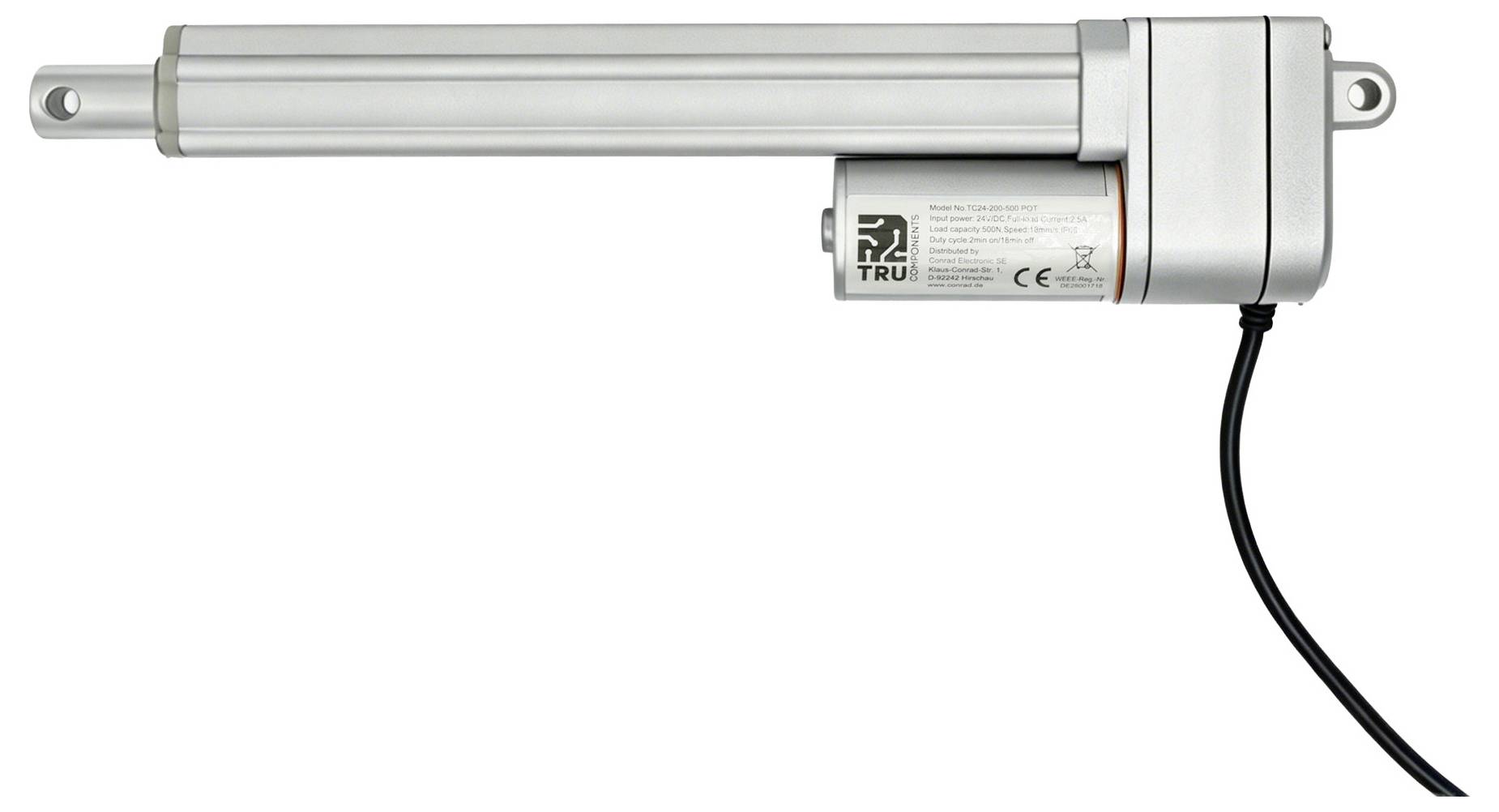 Silberner linearer Stellmotor mit verlängerter Stange, Montageklammern und Stromkabel auf weißem Hintergrund.