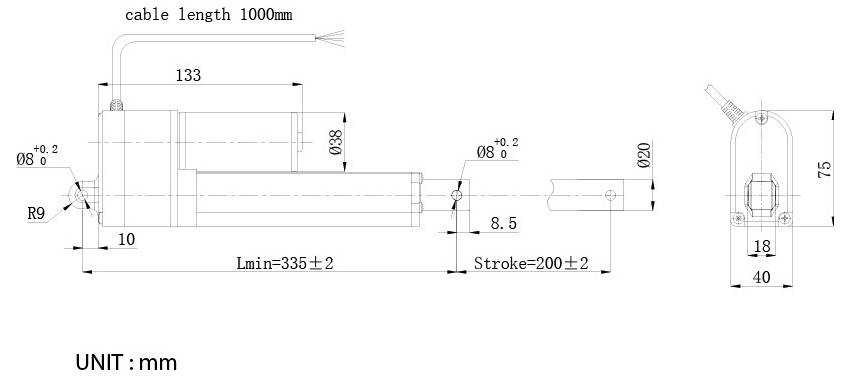 Technische Maßzeichnung eines zylindrischen Kabelstellantriebs, die Kabellänge 1000 mm, Hub 200±2 mm, Mindestlänge 335±2 mm und Einheit in mm dargestellt.