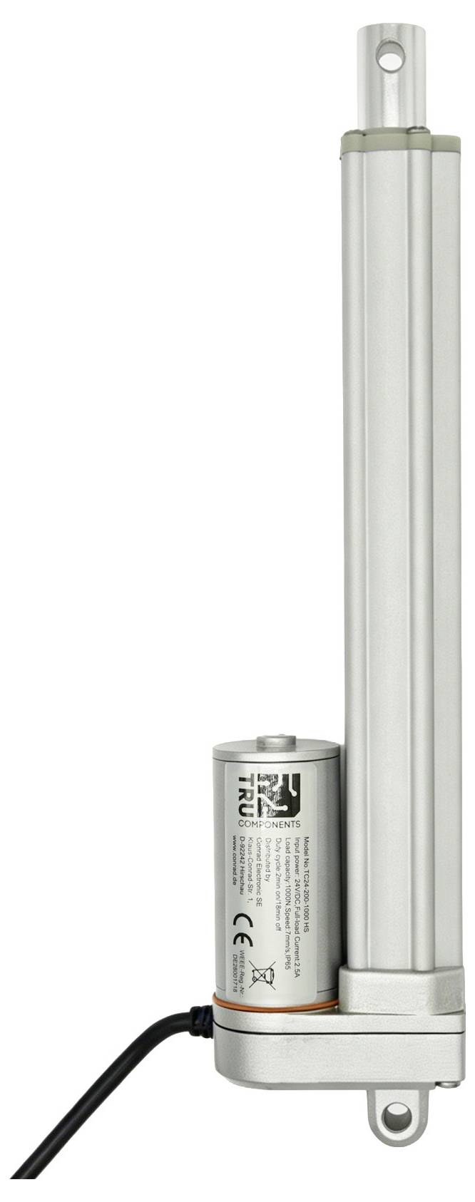 Elektrischer Linearantrieb mit angebrachtem zylindrischem Motor und Stromkabel, aufrecht auf weißem Hintergrund abgebildet.