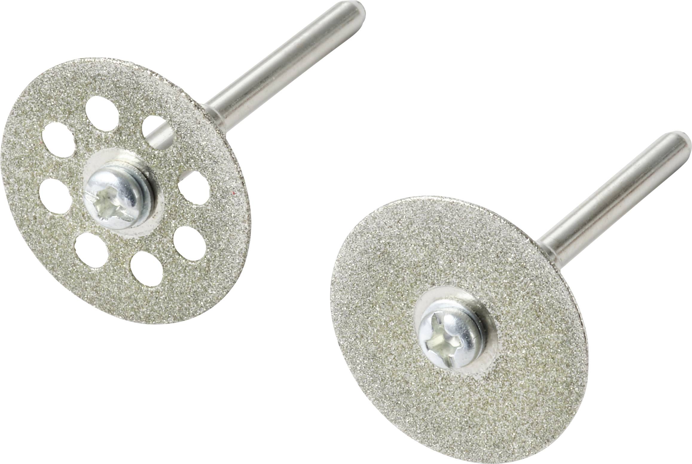 Zwei diamantbeschichtete Rotationsschneidscheiben mit Metallschäften, eine gelocht und eine massiv, auf weißem Hintergrund.