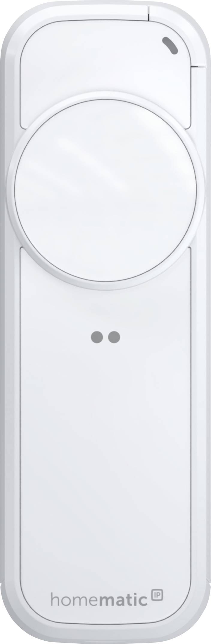 Weißer Homematic Smart-Home-Controller mit großem kreisförmigem Drehknopf/Schaltfläche und zwei kleinen Anzeigelampen auf einfachem Hintergrund.