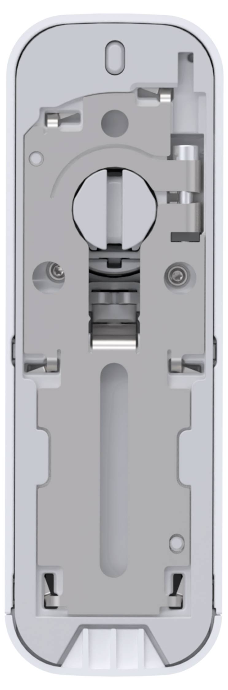 Close-up of a gray plastic electronic device housing or mounting backplate with central slot, screw holes, and side clips.