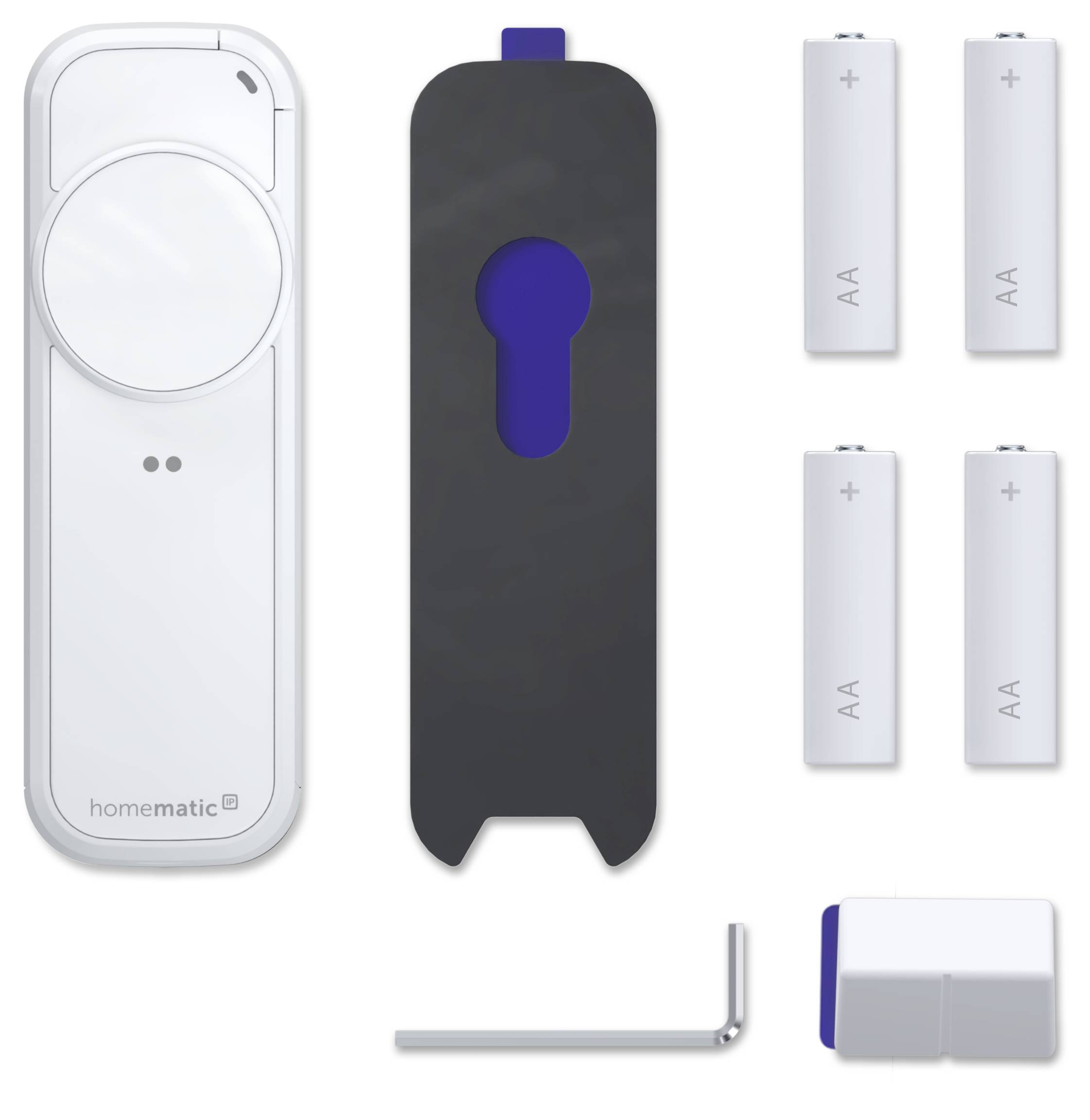HomeMatic remote control with black battery cover, four AA batteries, L-shaped screwdriver, and battery compartment accessory pieces.
