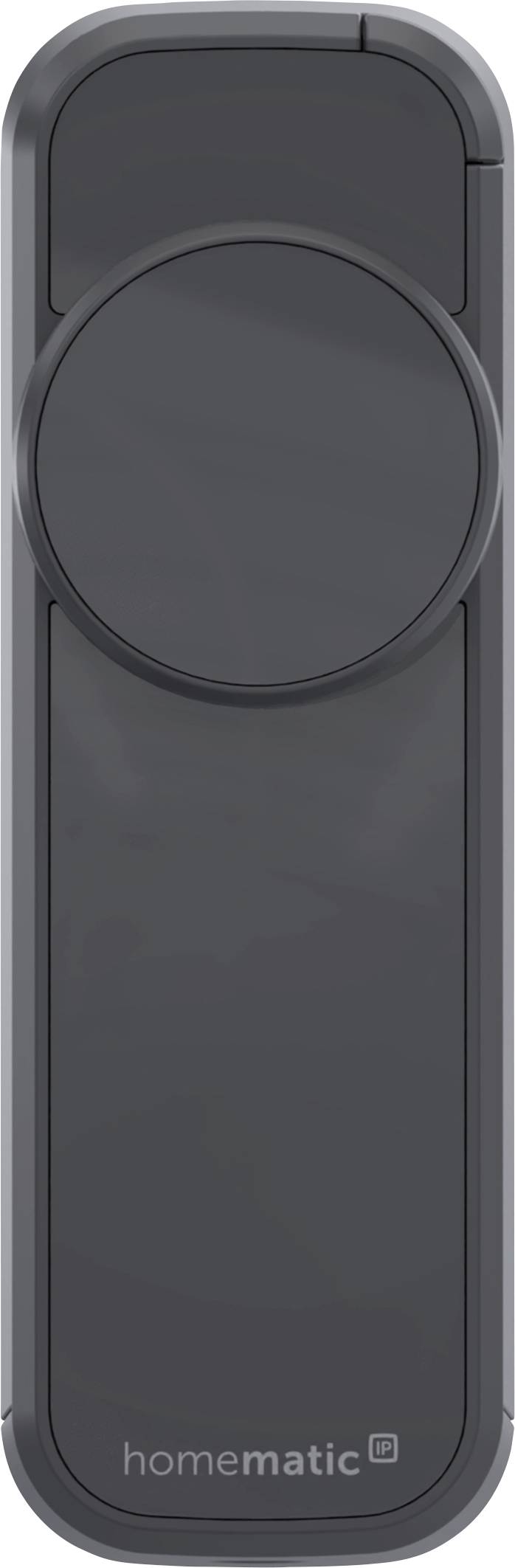 Dunkelgraues Homematic Wandgerät mit großem kreisförmigem Drehregler und schlankem rechteckigem Gehäuse auf weißem Hintergrund.