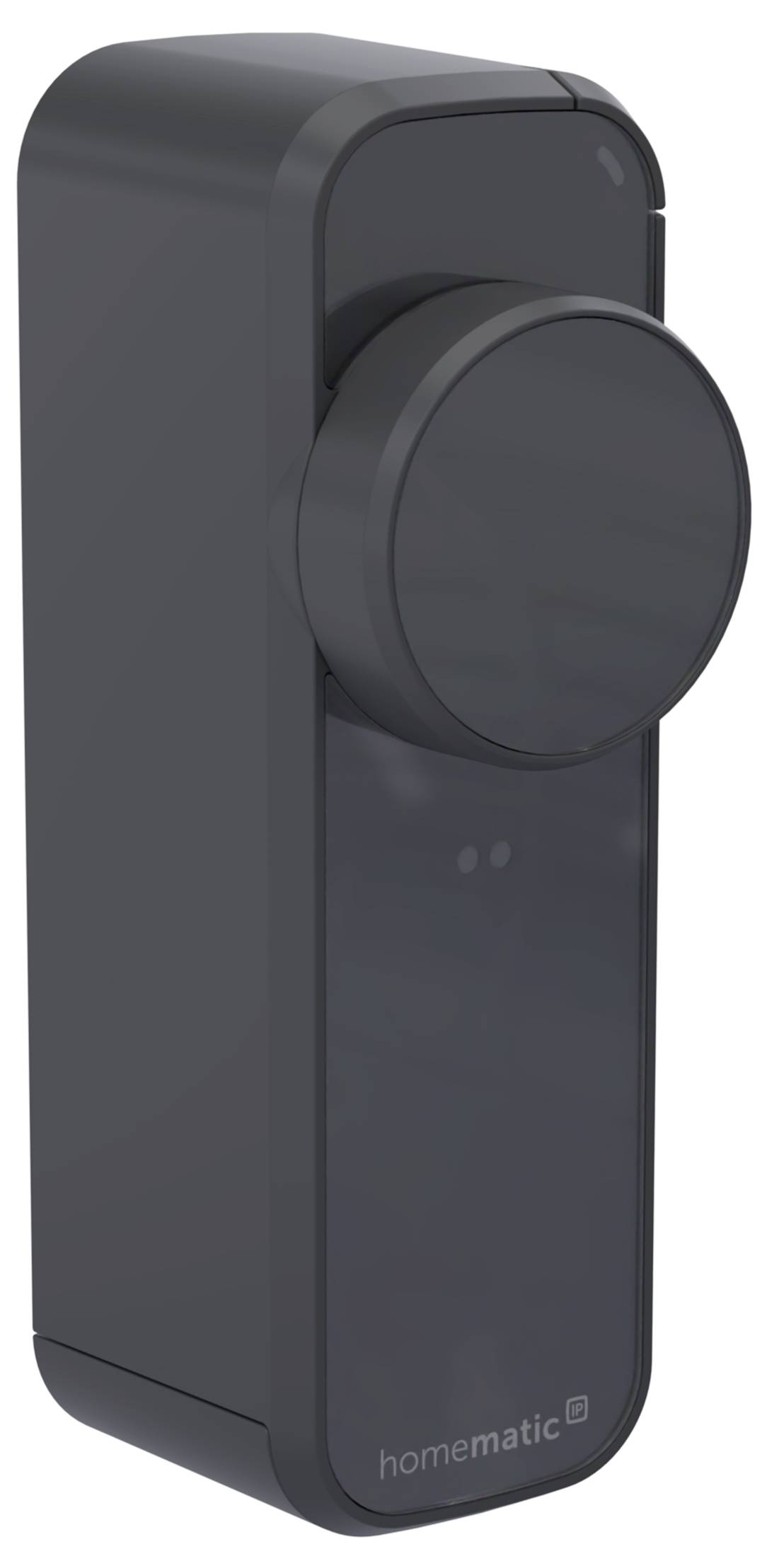 Dunkelgraues Homematic Smart-Device mit großer runder Schaltfläche/Regler an der Vorderseite und kleinen Statusleuchten in der Nähe des unteren Bereichs.