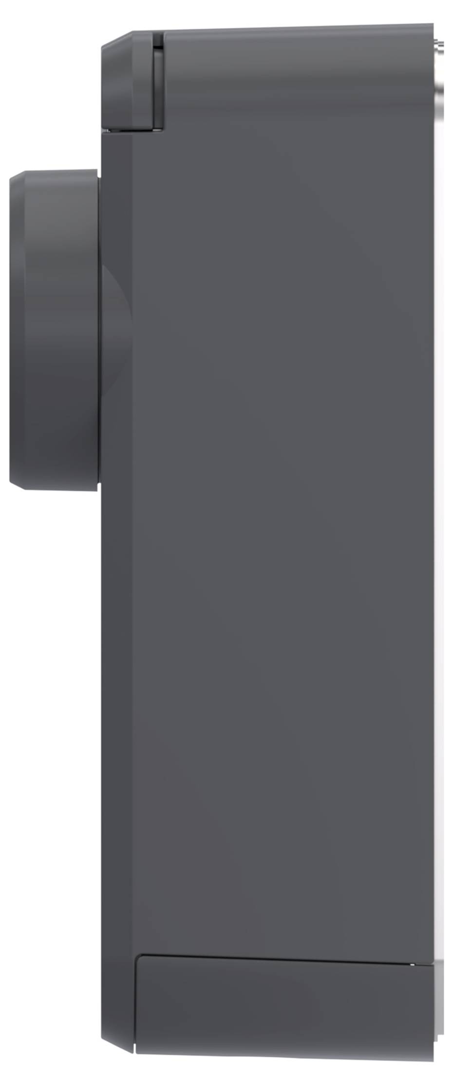 Seitenansicht eines dunkelgrauen rechteckigen, wandmontierten Geräts mit einem vorstehenden zylindrischen Abschnitt auf der linken Seite und einem schmalen Steckanschluss oben.