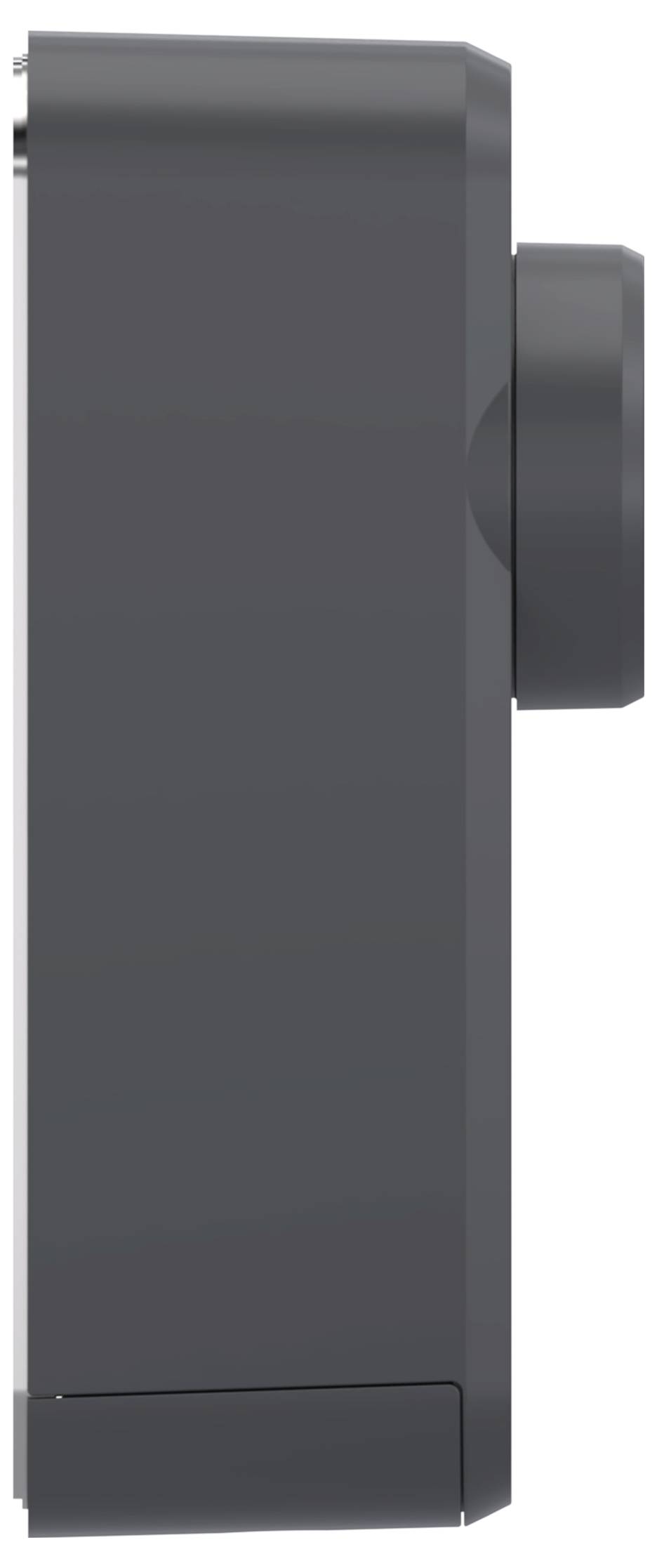 Seitenansicht eines dunkelgrauen elektronischen Geräts oder Kameramoduls mit einem hervorstehenden runden Objektiv auf der rechten Seite.