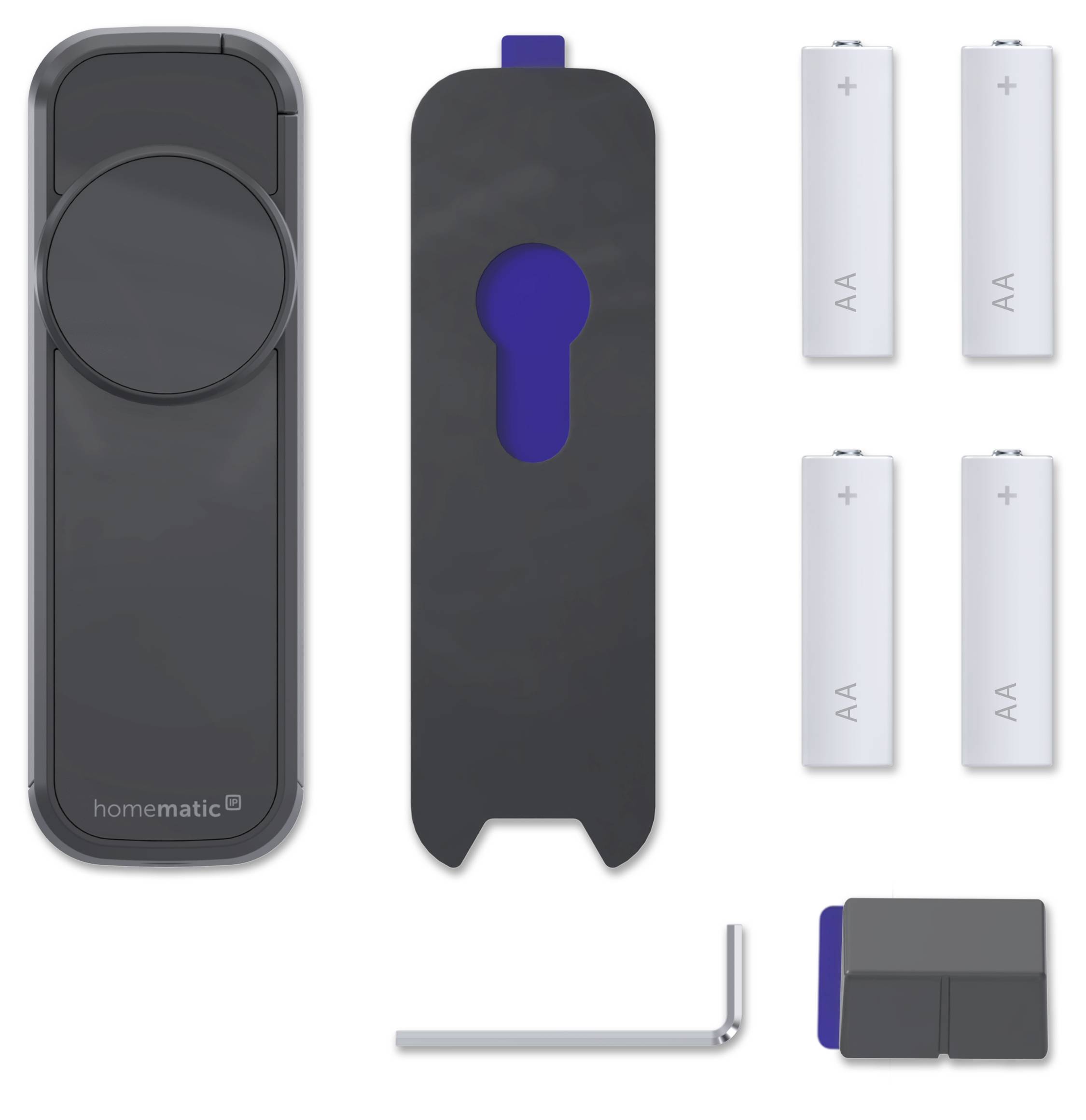 Smart-Türschloss-Set mit zwei schwarzen Modulen, vier AA-Batterien, einem L-förmigen Innensechskantschlüssel und einem kleinen Montagestück.