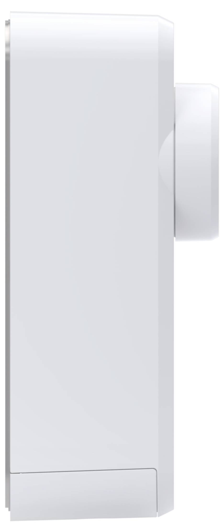 Vorderansicht einer schlichten weißen elektrischen Wandschalterabdeckung mit einer kleinen seitlichen Vertiefung